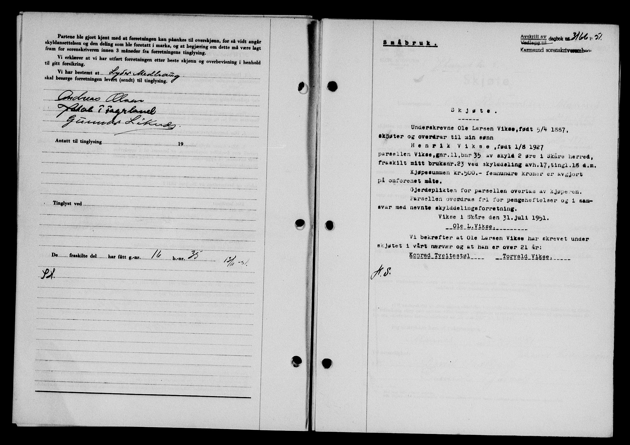 Karmsund sorenskriveri, SAST/A-100311/01/II/IIB/L0104: Pantebok nr. 84A, 1951-1952, Dagboknr: 3166/1951