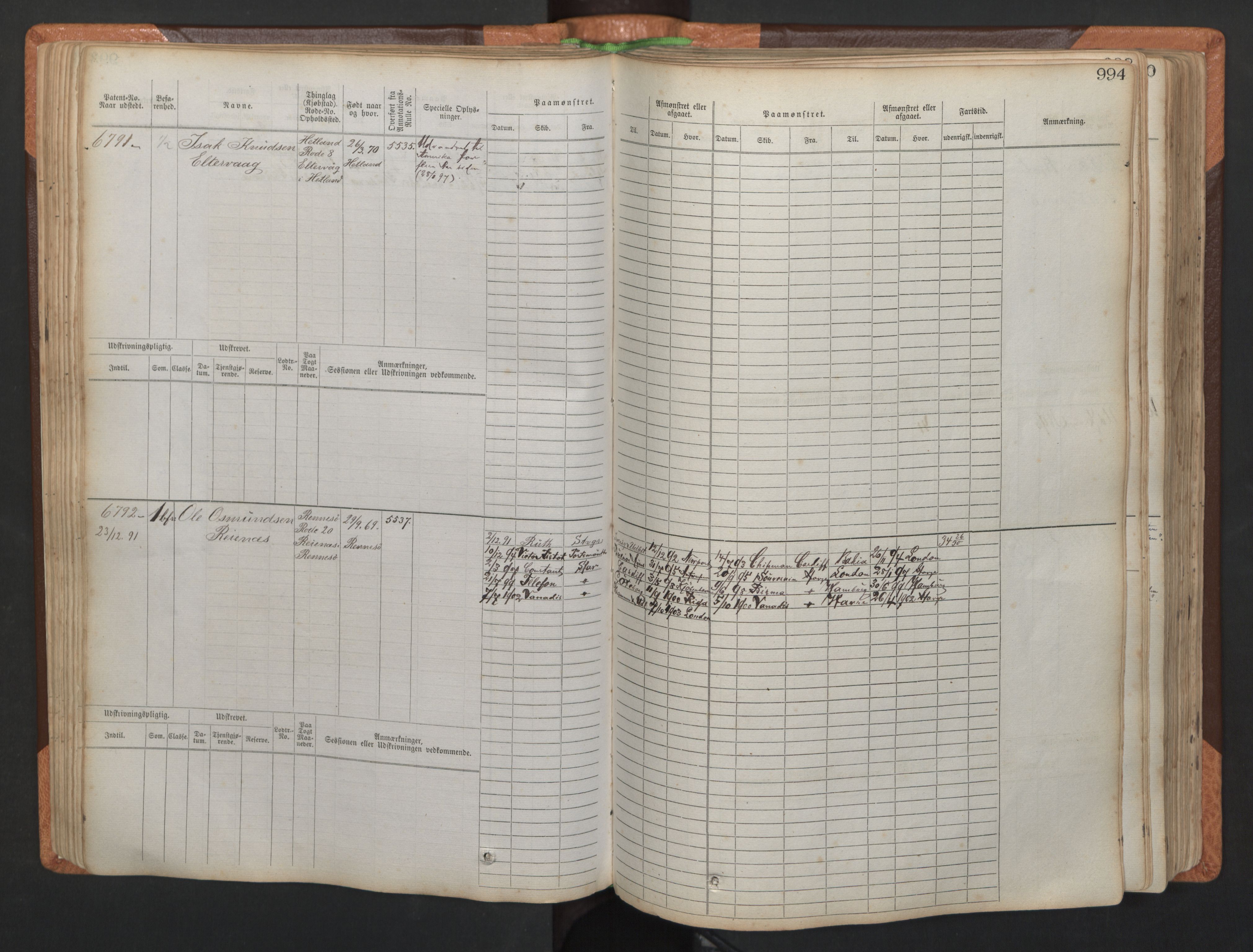 Stavanger sjømannskontor, AV/SAST-A-102006/F/Fb/Fbb/L0011: Sjøfartshovedrulle, patentnr. 6607-7206 (del 2), 1887-1896, s. 97