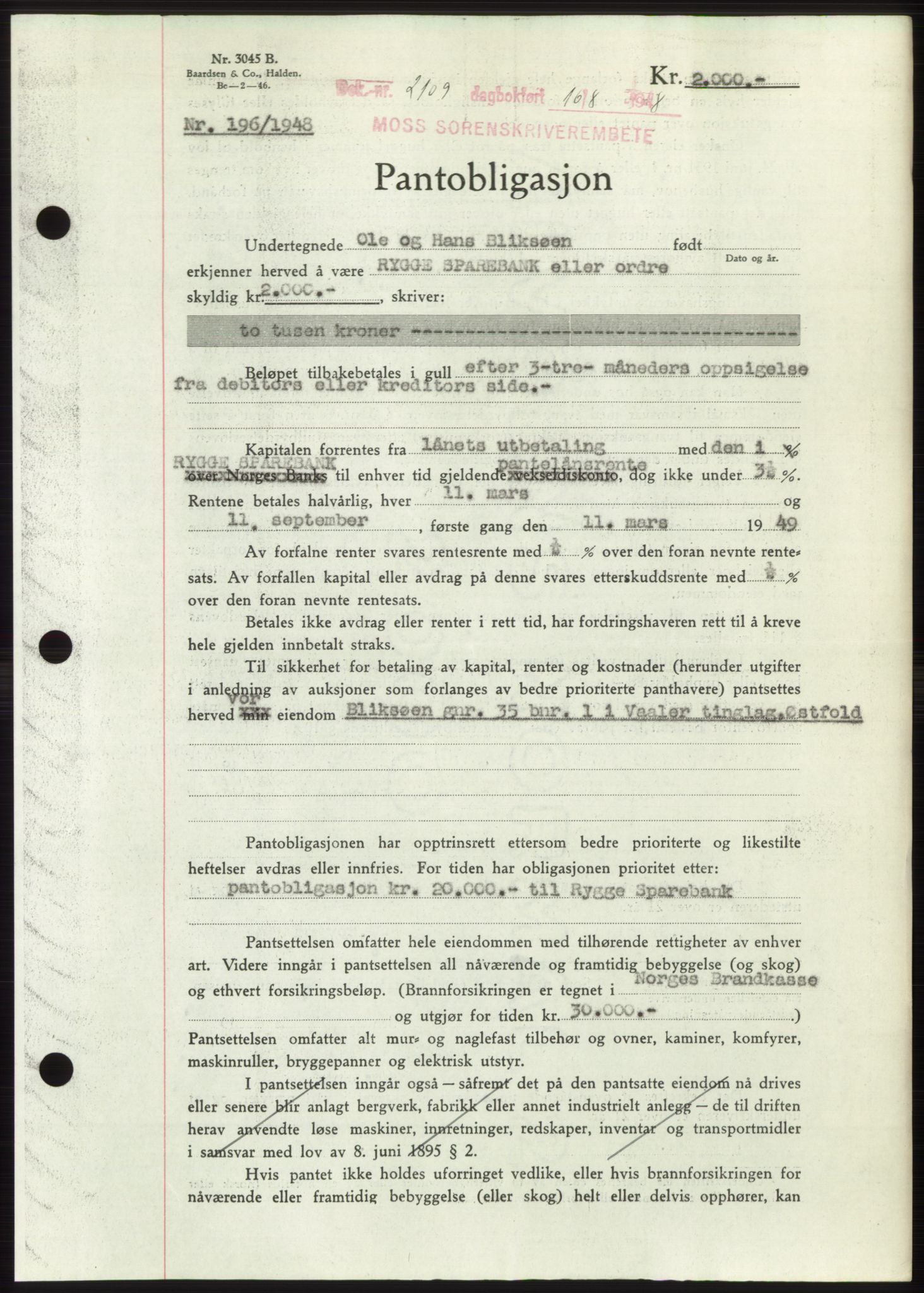 Moss sorenskriveri, AV/SAO-A-10168: Pantebok nr. B20, 1948-1948, Dagboknr: 2109/1948