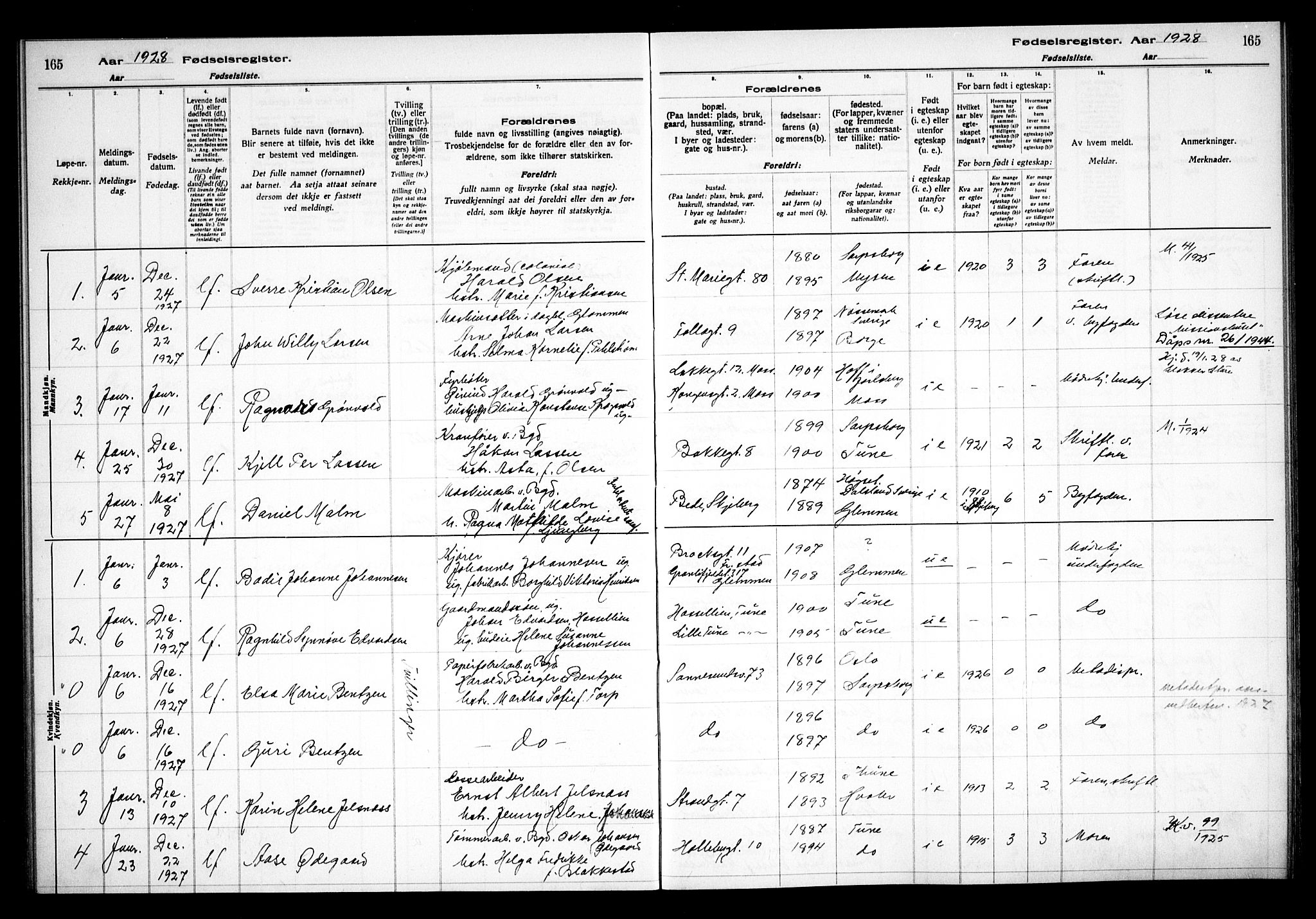 Sarpsborg prestekontor Kirkebøker, SAO/A-2006/J/Ja/L0002: Fødselsregister nr. 2, 1922-1928, s. 165