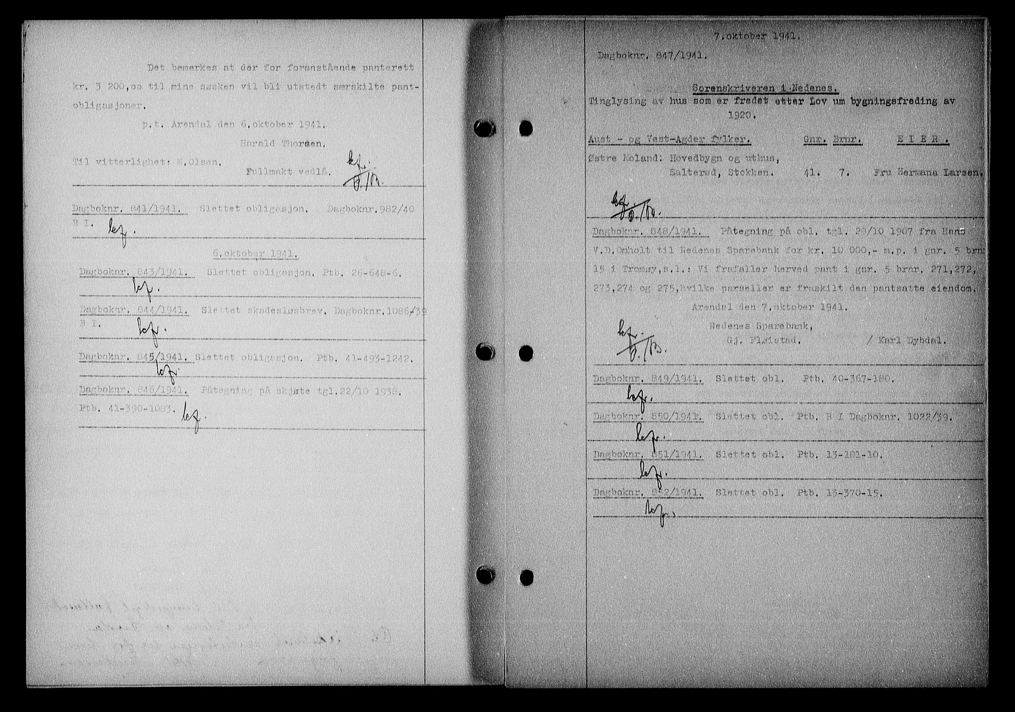 Nedenes sorenskriveri, AV/SAK-1221-0006/G/Gb/Gba/L0048: Pantebok nr. A-II, 1940-1941, Dagboknr: 841/1941