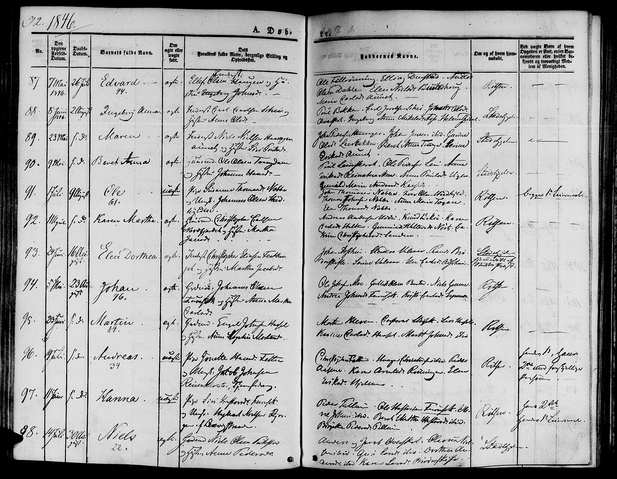 Ministerialprotokoller, klokkerbøker og fødselsregistre - Sør-Trøndelag, SAT/A-1456/646/L0610: Ministerialbok nr. 646A08, 1837-1847, s. 92
