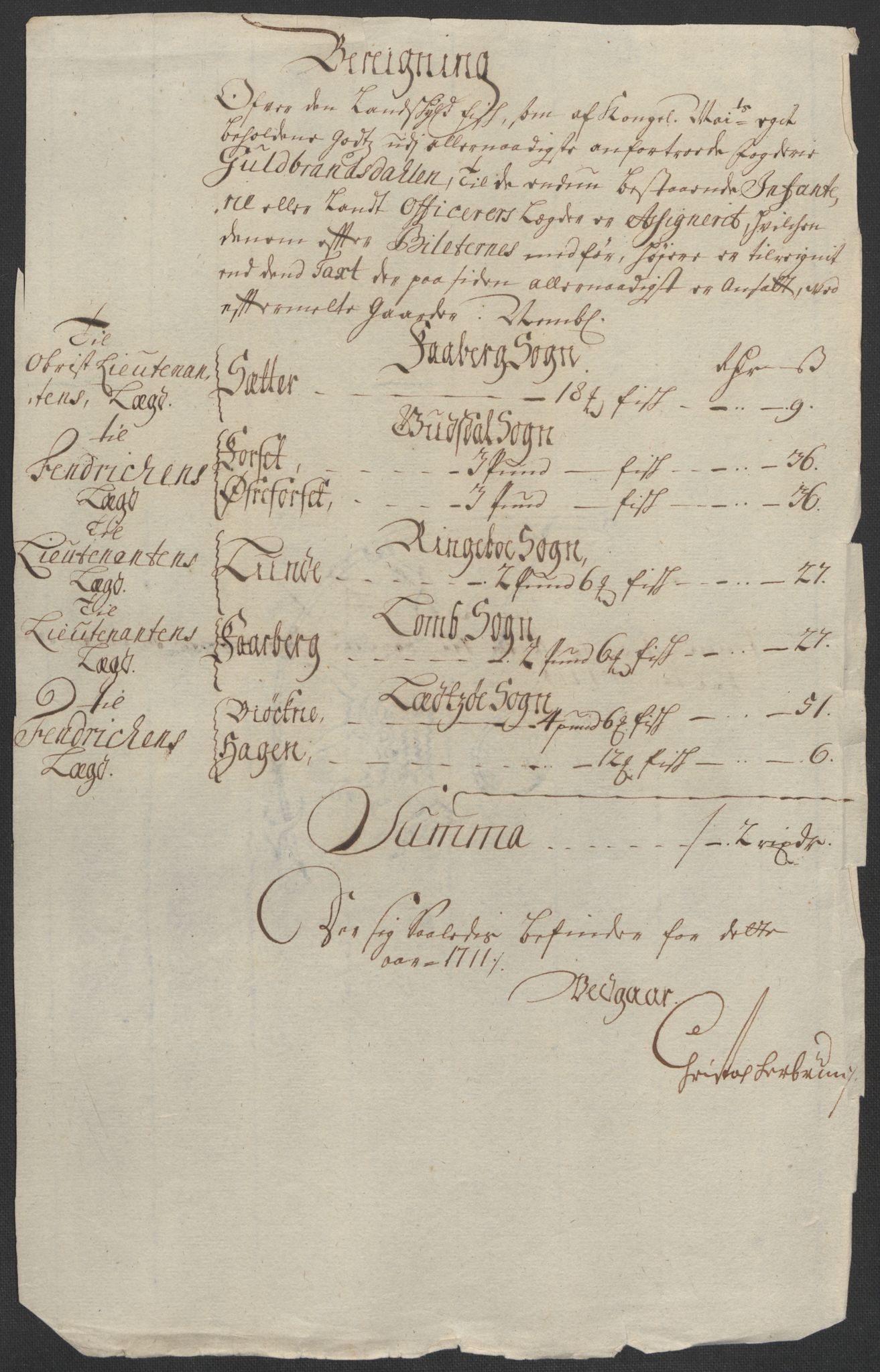 Rentekammeret inntil 1814, Reviderte regnskaper, Fogderegnskap, RA/EA-4092/R17/L1180: Fogderegnskap Gudbrandsdal, 1711, s. 72