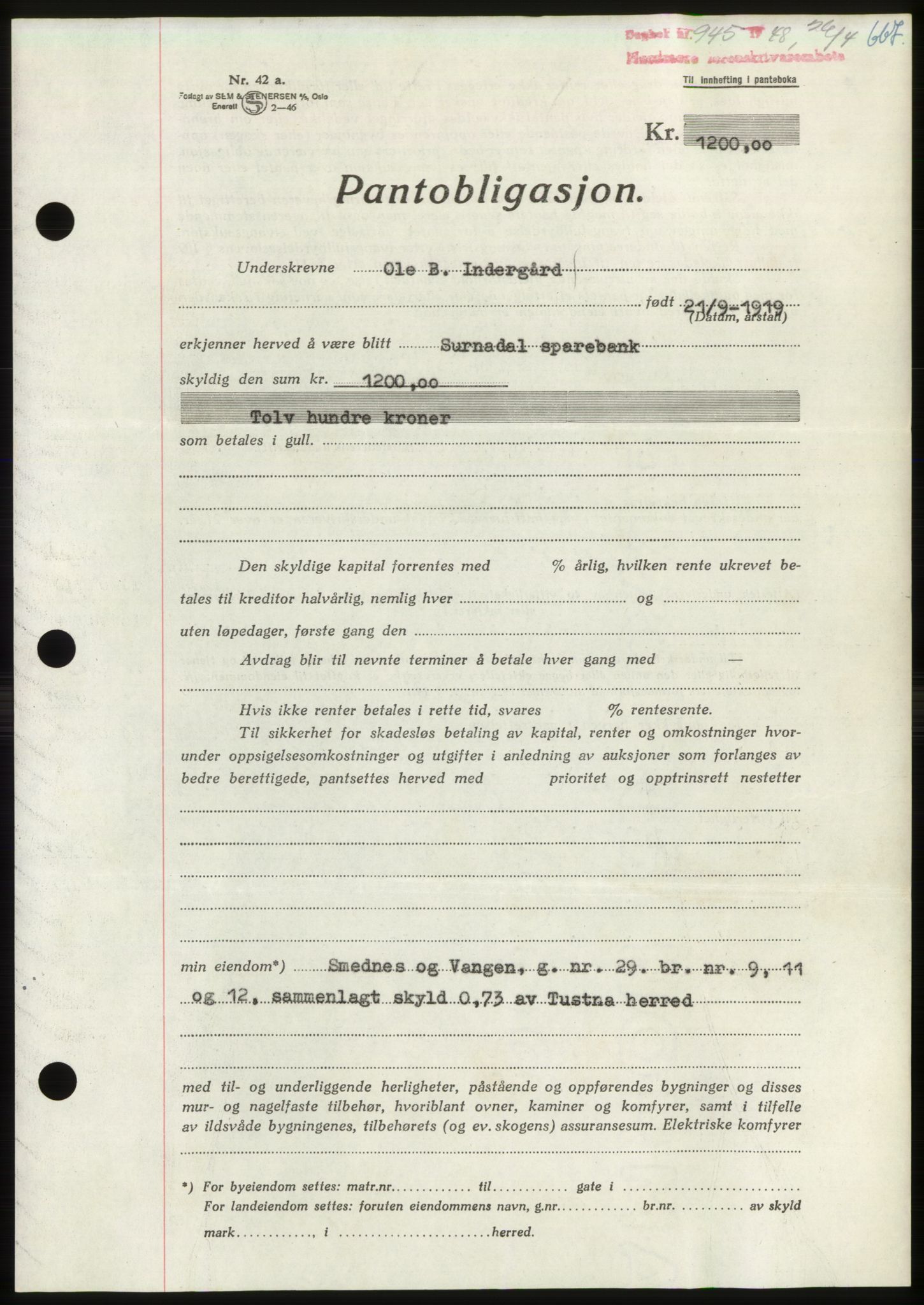 Nordmøre sorenskriveri, SAT/A-4132/1/2/2Ca: Pantebok nr. B98, 1948-1948, Dagboknr: 945/1948