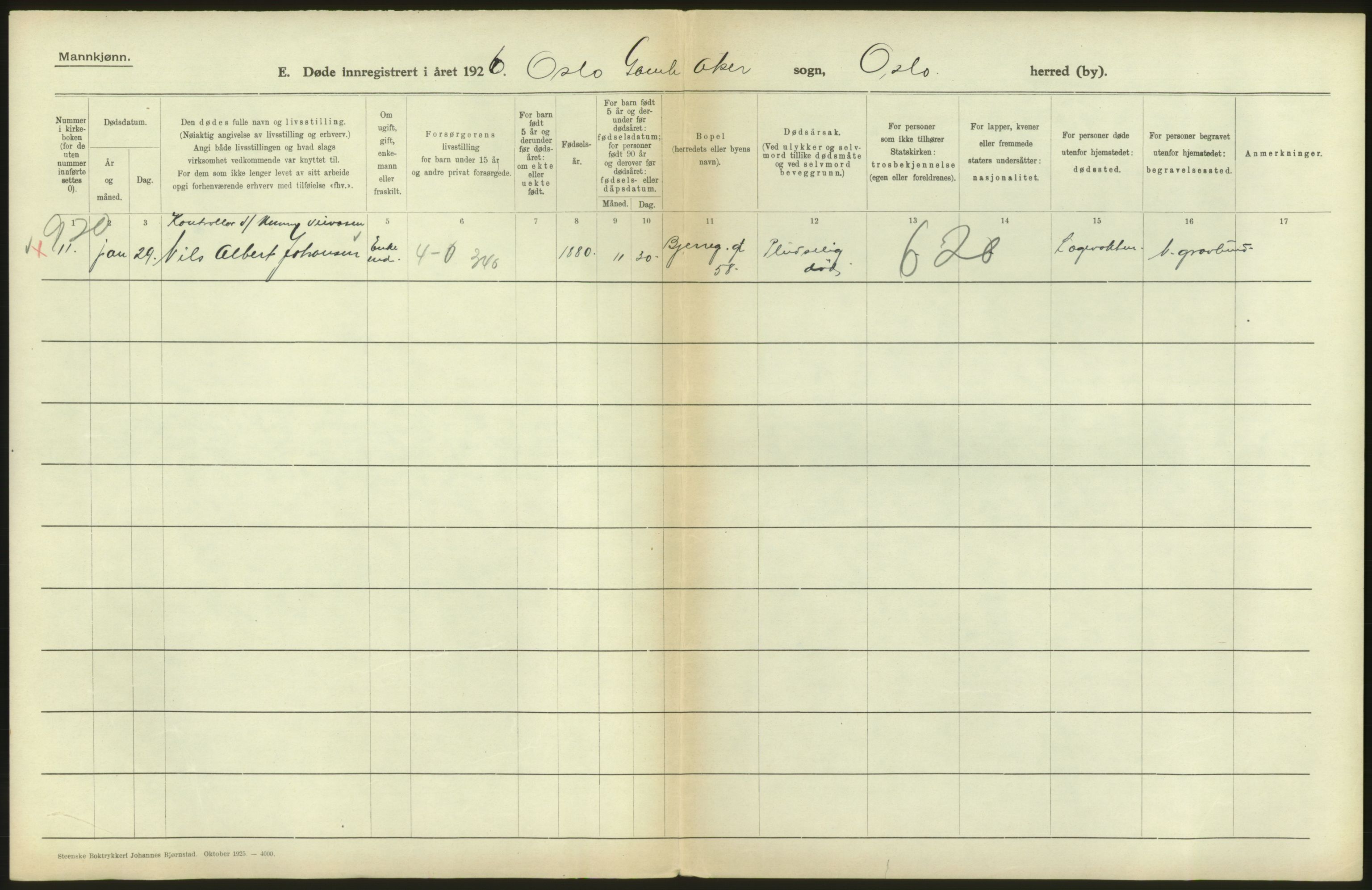 Statistisk sentralbyrå, Sosiodemografiske emner, Befolkning, AV/RA-S-2228/D/Df/Dfc/Dfcf/L0009: Oslo: Døde menn, 1926, s. 188