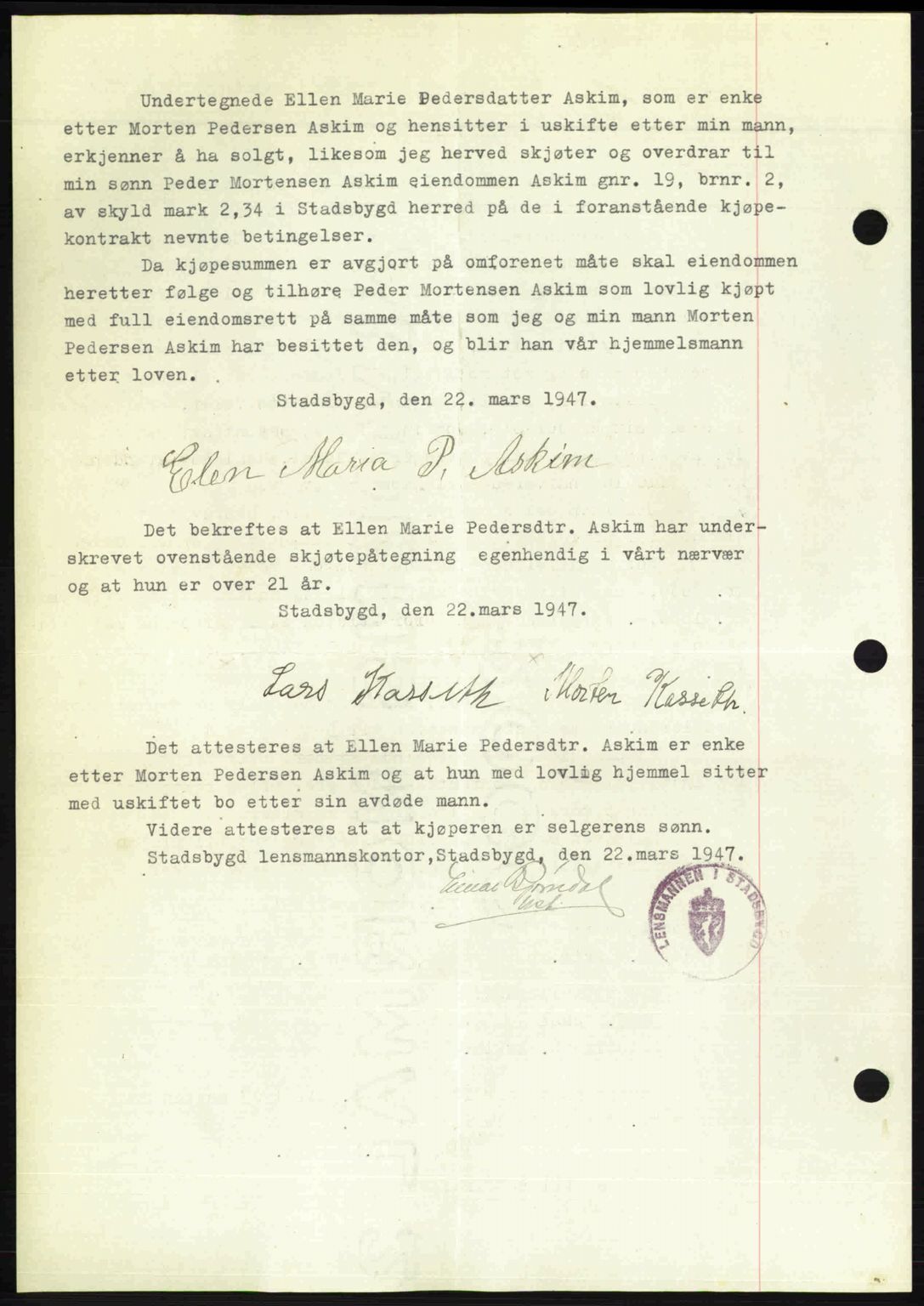 Fosen sorenskriveri, AV/SAT-A-1107/1/2/2C: Pantebok nr. A4-6, 1946-1947, Dagboknr: 396/1947