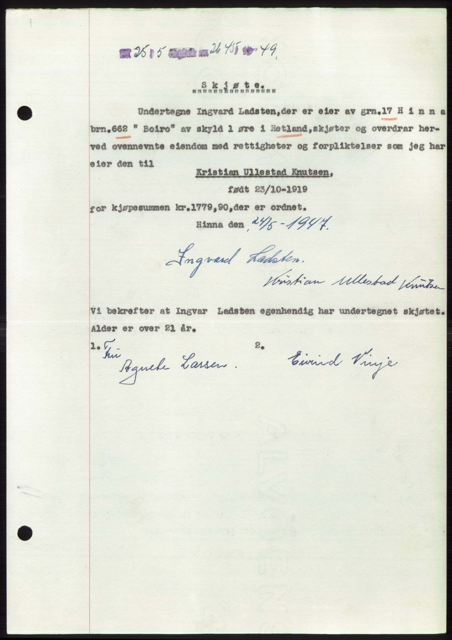 Jæren sorenskriveri, SAST/A-100310/03/G/Gba/L0102: Pantebok, 1949-1949, Dagboknr: 2645/1949