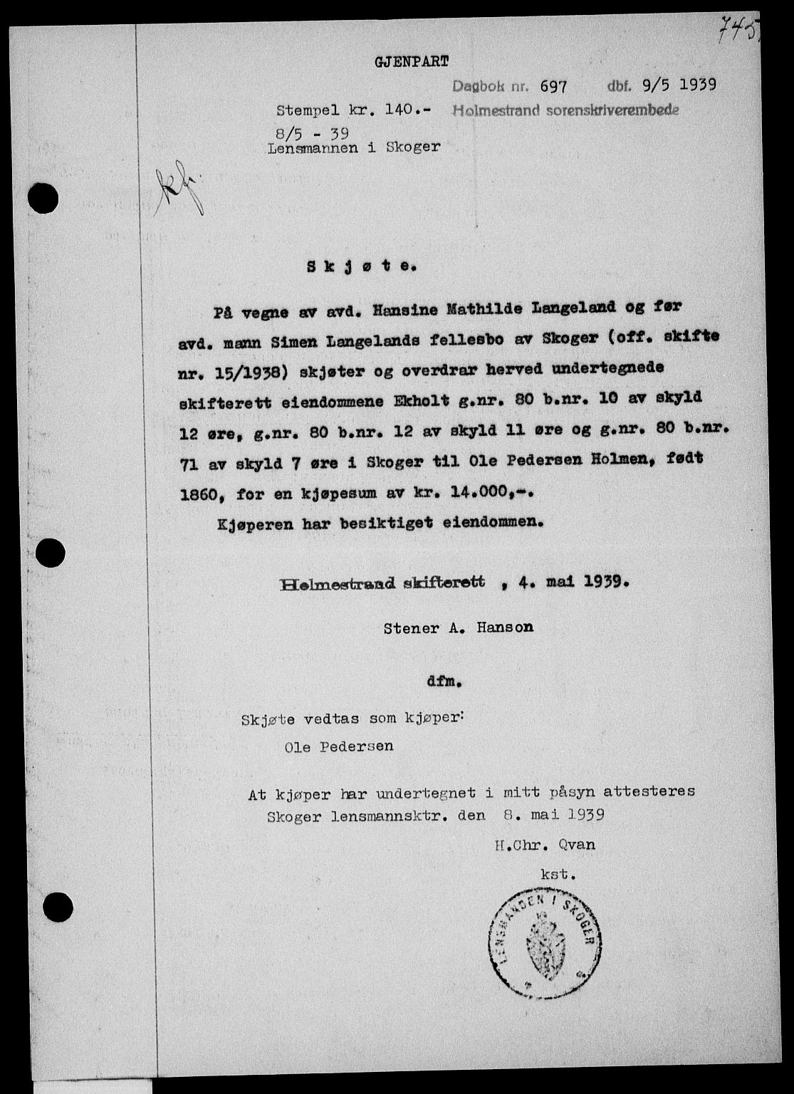 Holmestrand sorenskriveri, SAKO/A-67/G/Ga/Gaa/L0050: Pantebok nr. A-50, 1938-1939, Dagboknr: 697/1939