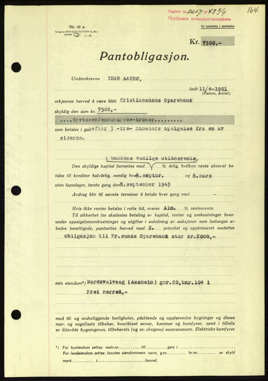 Nordmøre sorenskriveri, AV/SAT-A-4132/1/2/2Ca: Pantebok nr. B91, 1943-1944, Dagboknr: 2017/1943