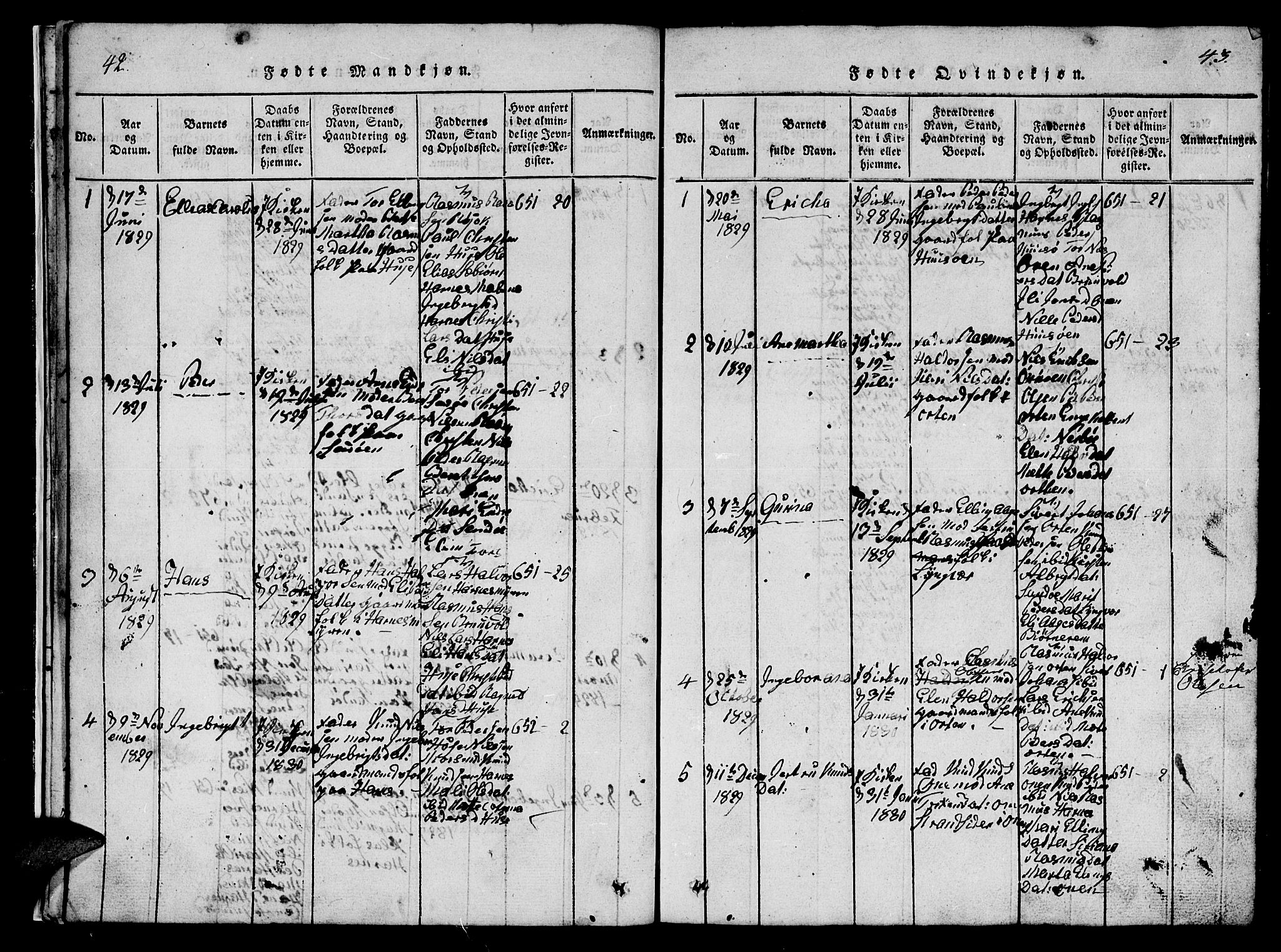 Ministerialprotokoller, klokkerbøker og fødselsregistre - Møre og Romsdal, AV/SAT-A-1454/561/L0731: Klokkerbok nr. 561C01, 1817-1867, s. 42-43