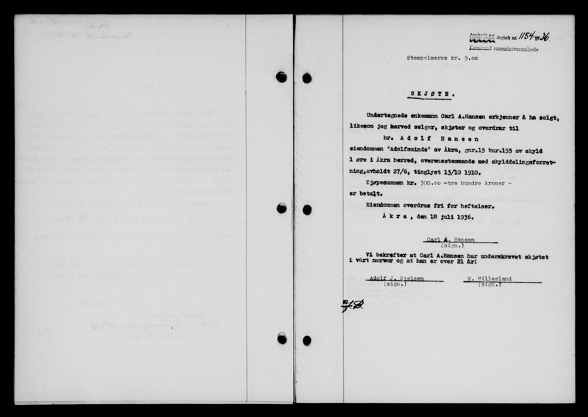 Karmsund sorenskriveri, SAST/A-100311/01/II/IIB/L0066: Pantebok nr. 47A, 1936-1936, Dagboknr: 1154/1936