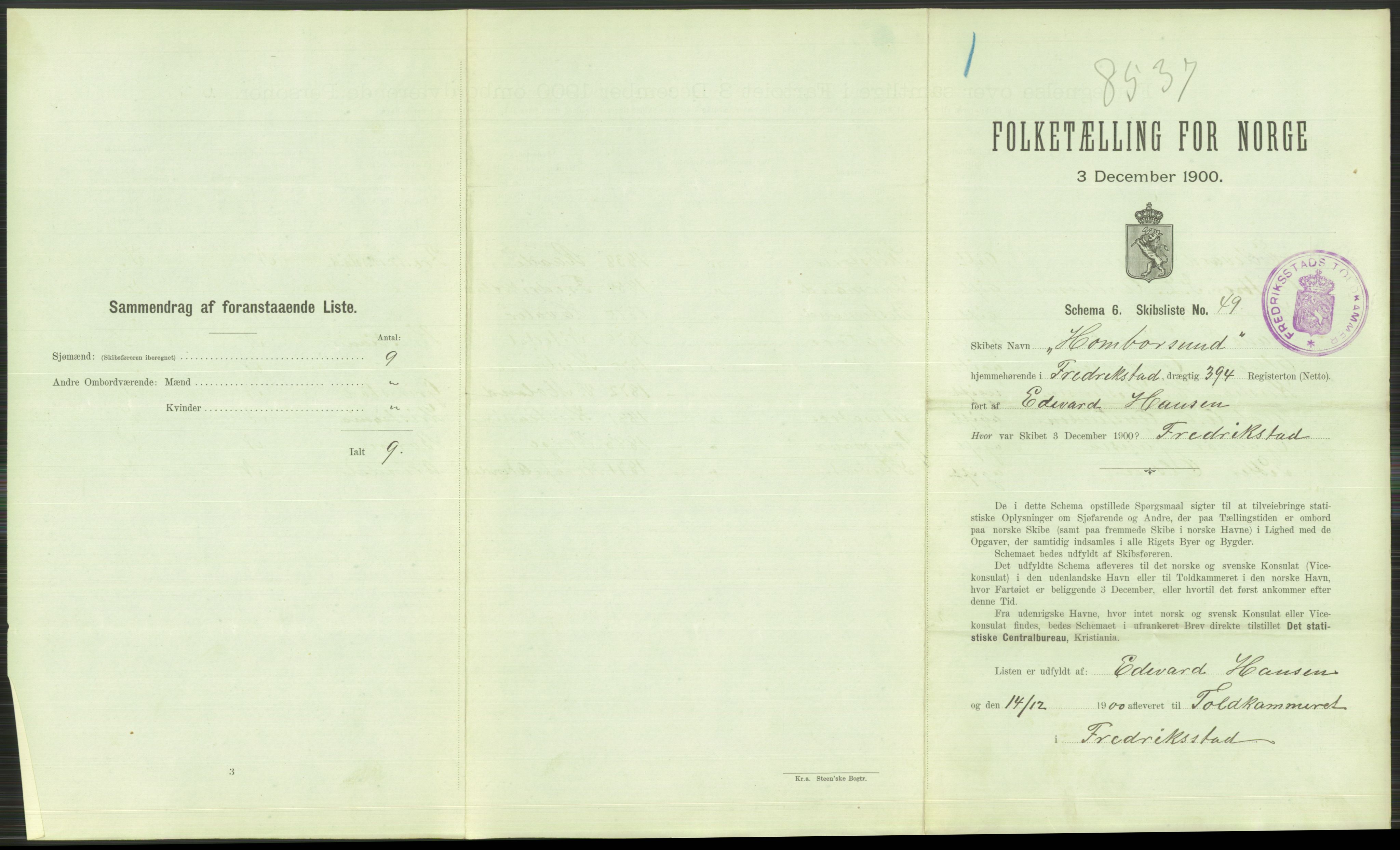 RA, Folketelling 1900 - skipslister med personlister for skip i norske havner, utenlandske havner og til havs, 1900, s. 109