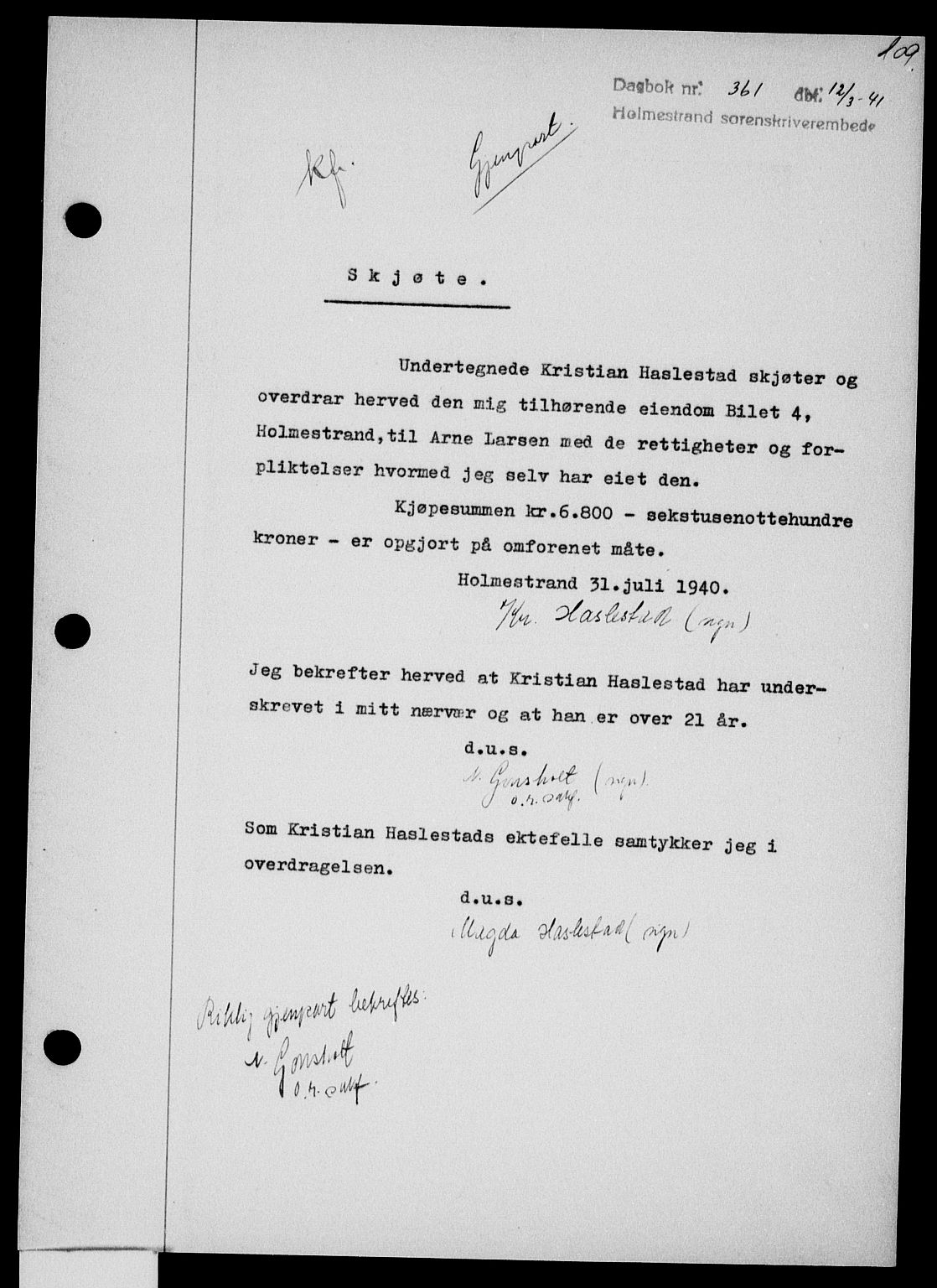 Holmestrand sorenskriveri, SAKO/A-67/G/Ga/Gaa/L0053: Pantebok nr. A-53, 1941-1941, Dagboknr: 361/1941