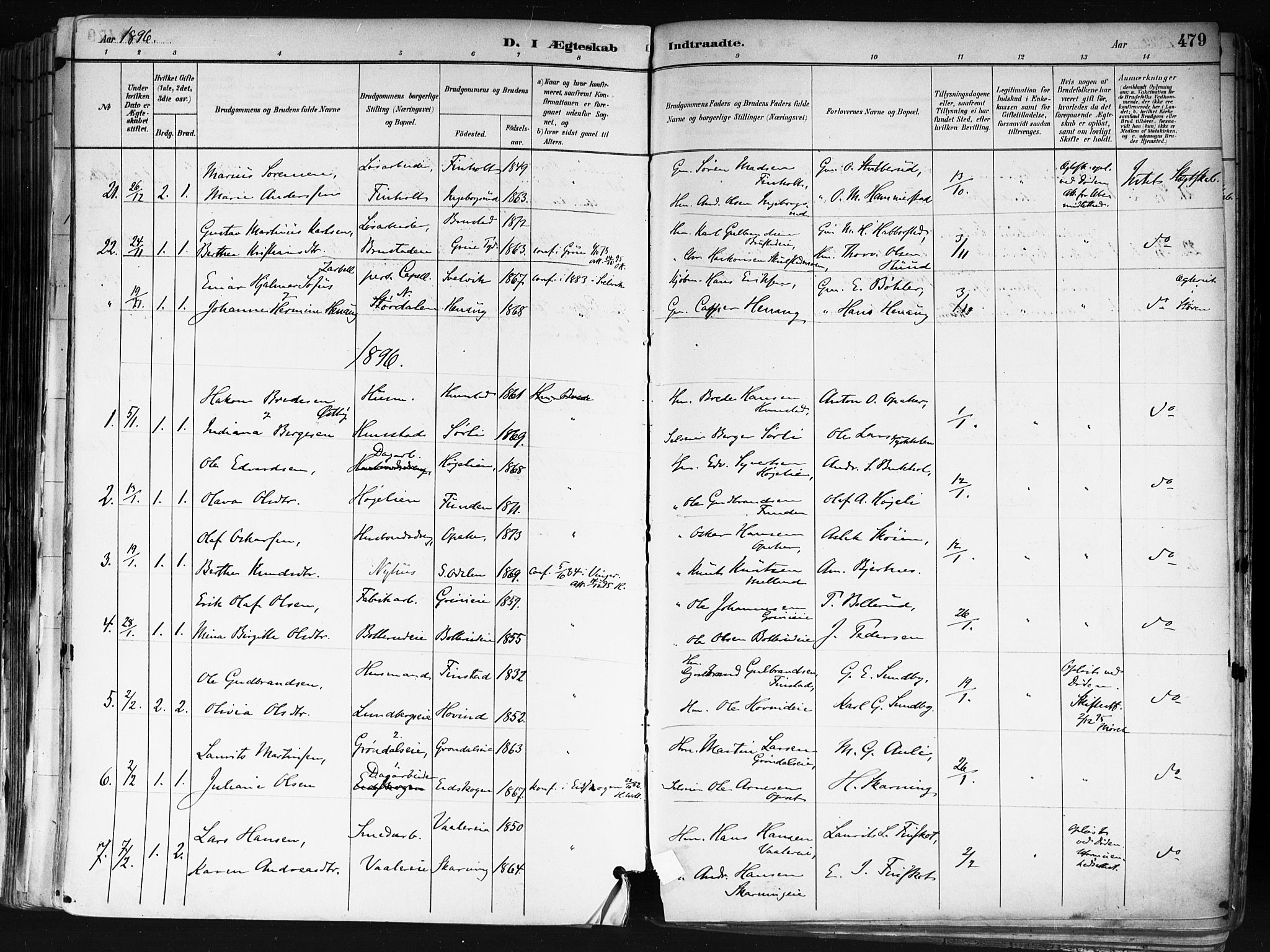 Nes prestekontor Kirkebøker, AV/SAO-A-10410/F/Fa/L0010: Ministerialbok nr. I 10, 1883-1898, s. 479