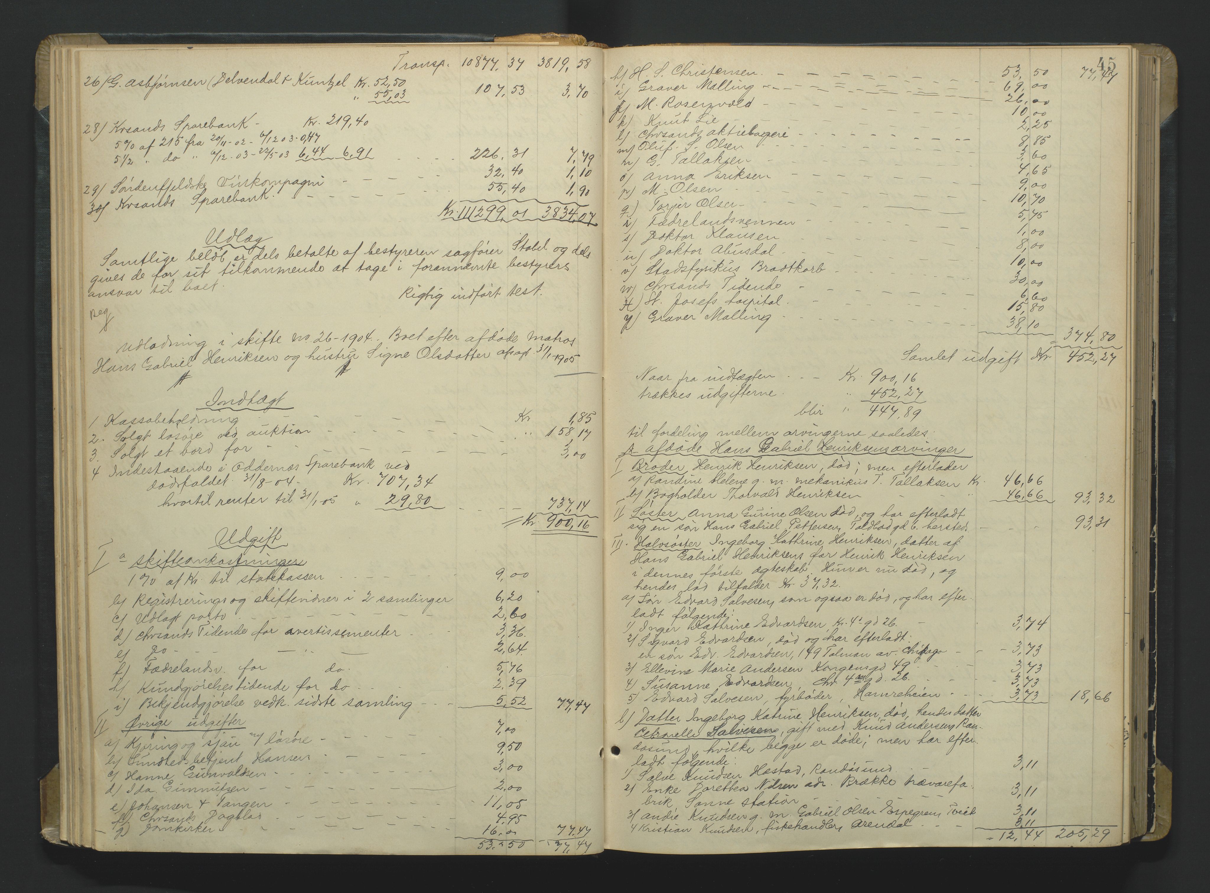 Kristiansand byrett, AV/SAK-1223-0001/H/Hc/L0060: Skifteutlodningsprotokoll nr. 6, med register, 1903-1916, s. 45