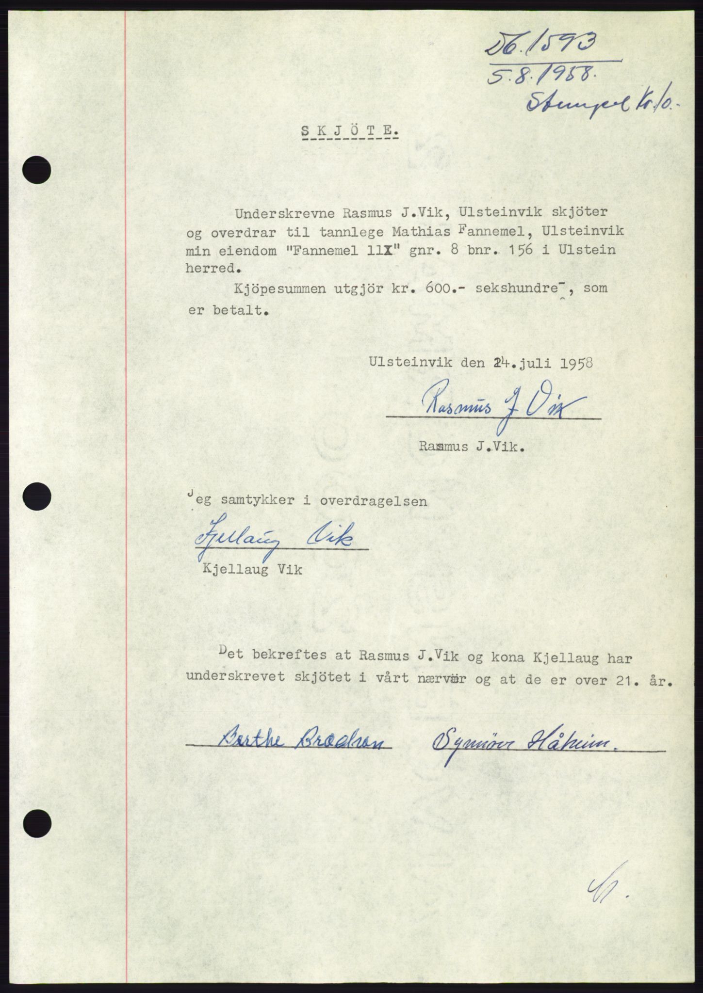 Søre Sunnmøre sorenskriveri, AV/SAT-A-4122/1/2/2C/L0110: Pantebok nr. 36A, 1958-1958, Dagboknr: 1593/1958