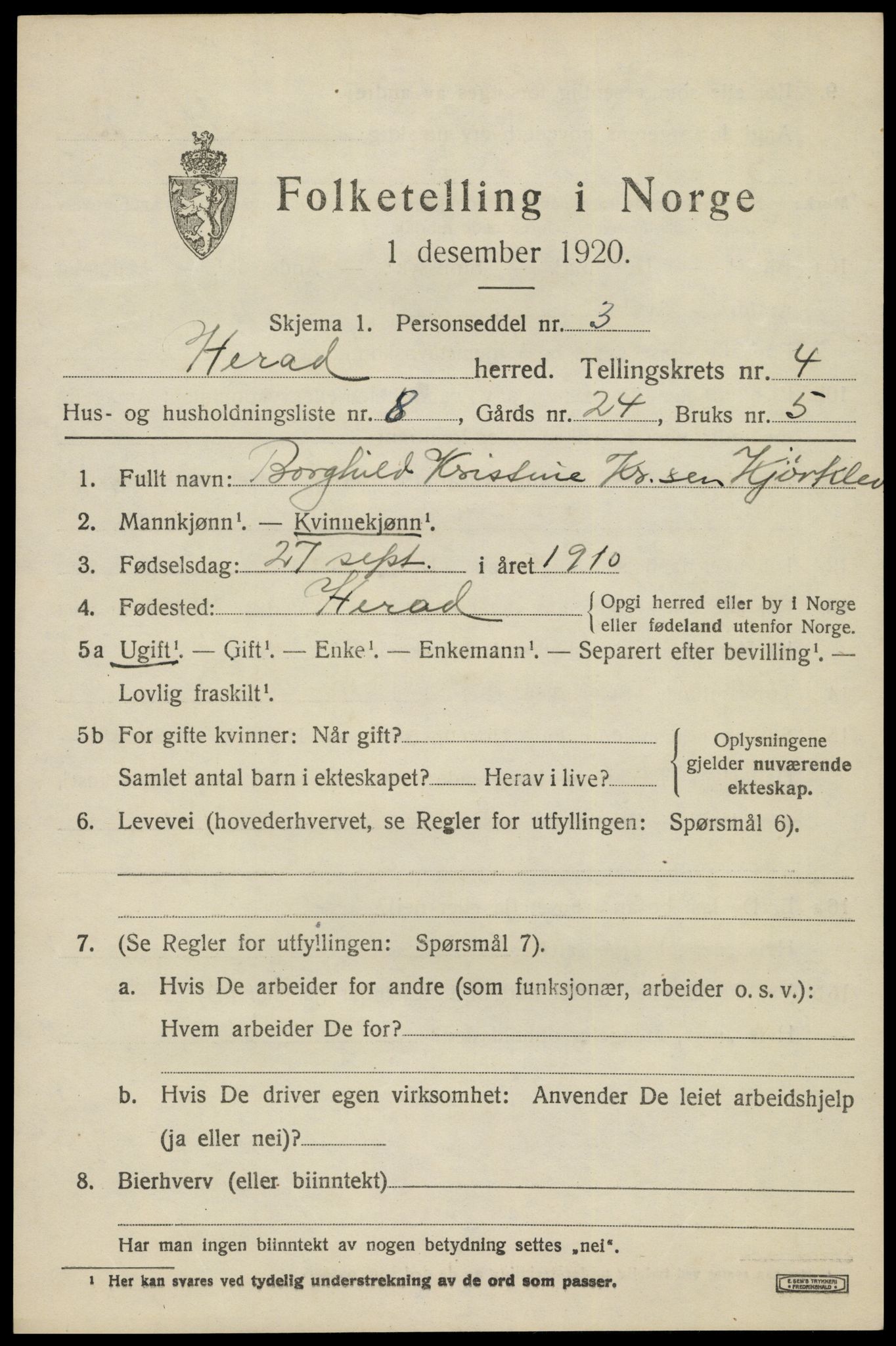 SAK, Folketelling 1920 for 1039 Herad herred, 1920, s. 1810