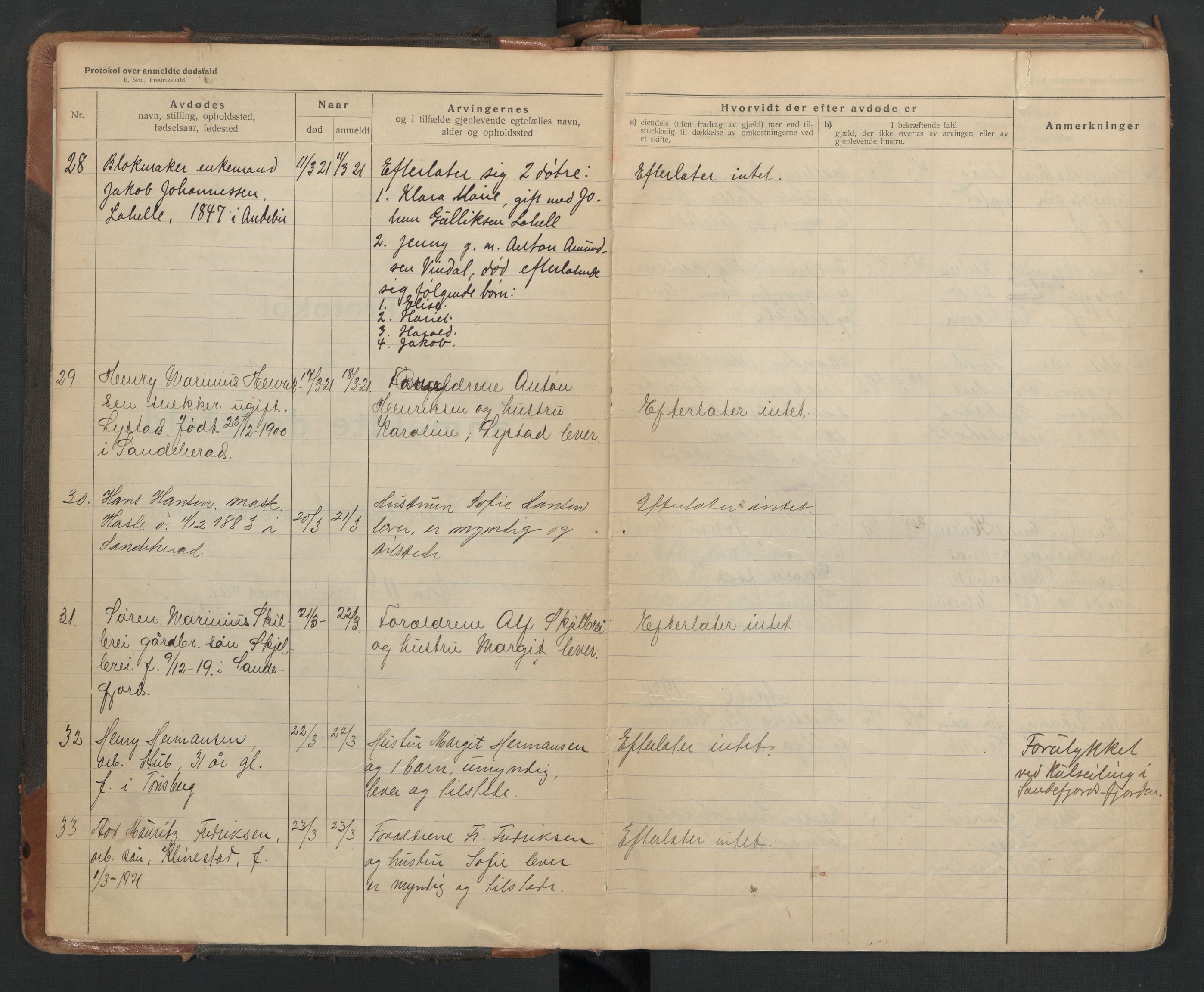 Sandar lensmannskontor, SAKO/A-545/H/Ha/L0006: Dødsanmeldelsesprotokoll, 1921-1929