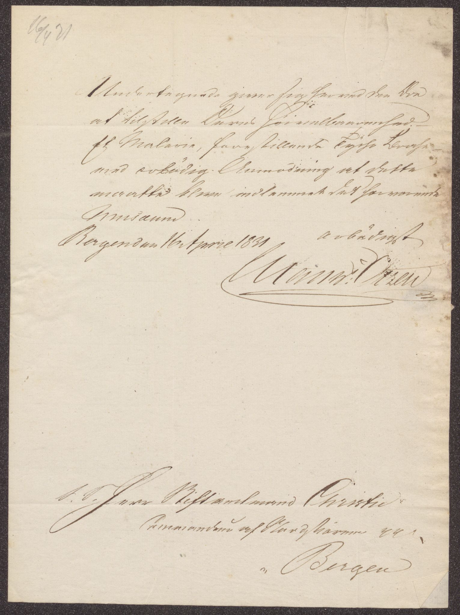 Bergens Museum, UMB/A007/D/Da/L0005/0001: Innkommende brev 1831 - 1832 / Innkommende brev 1831, 1831