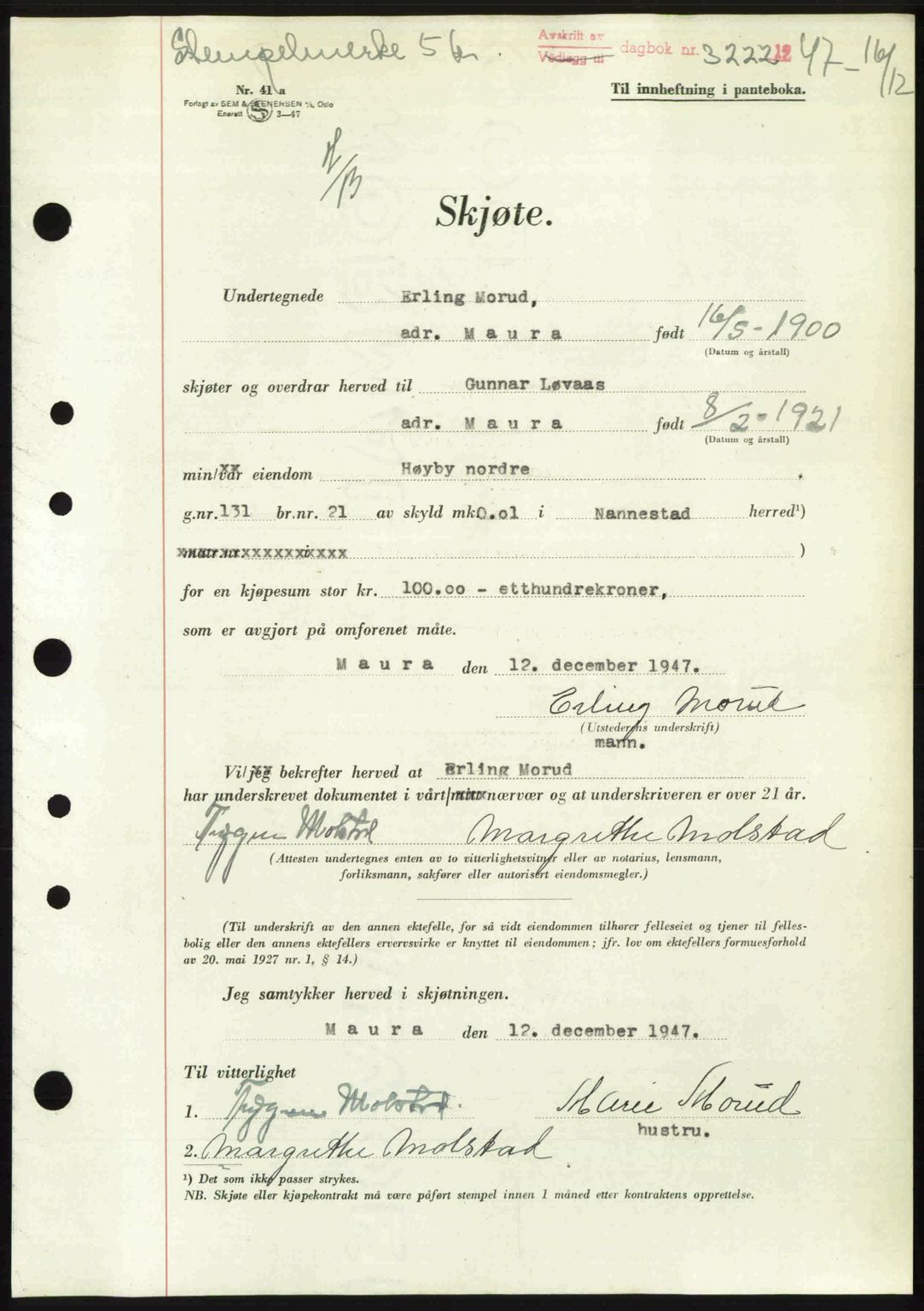 Eidsvoll tingrett, SAO/A-10371/G/Gb/Gbb/L0017: Pantebok nr. A45, 1947-1947, Dagboknr: 3222/1947