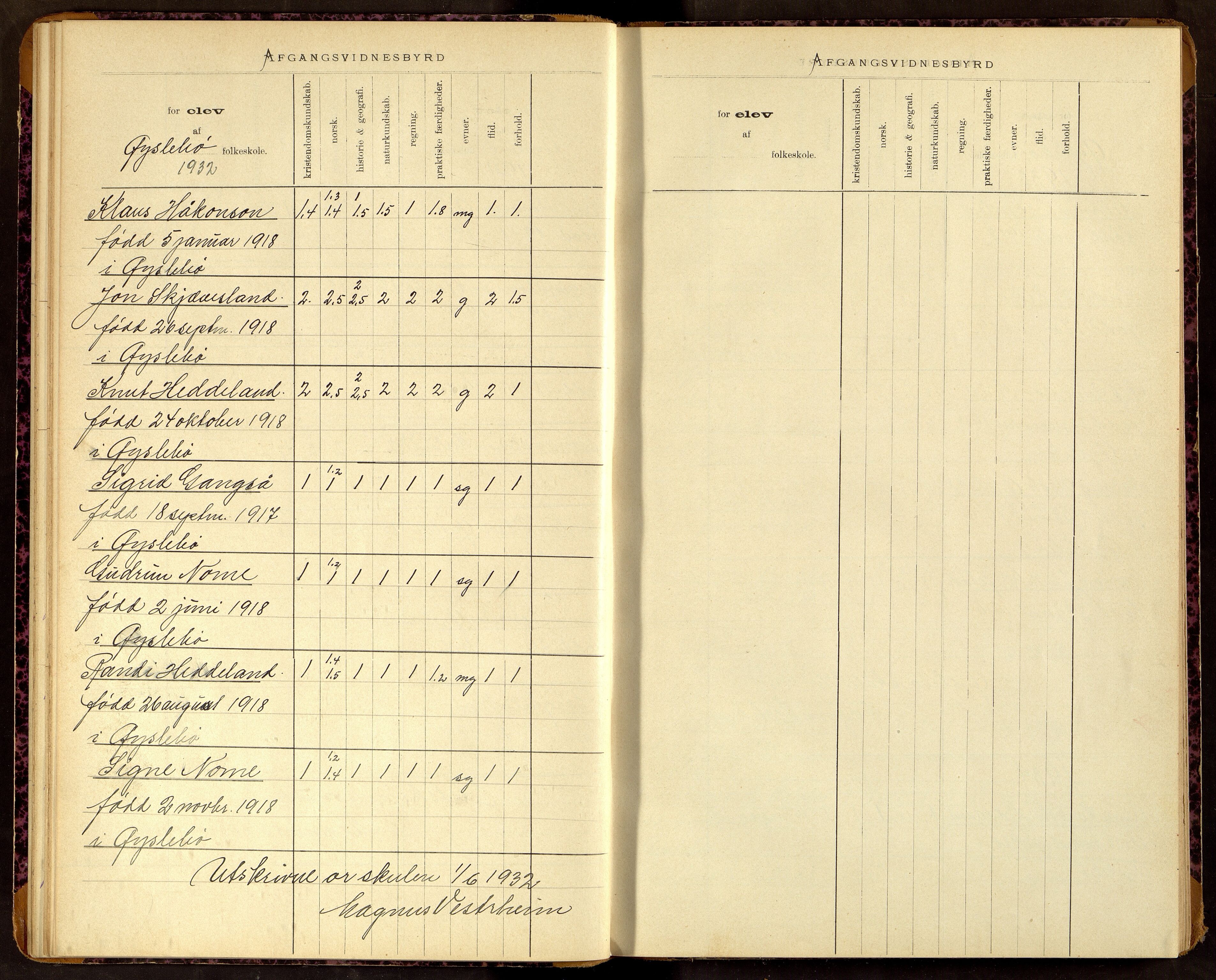 Øyslebø kommune - Øyslebø Skole, ARKSOR/1021ØY552/F/L0001: Protokoll over avgangsvitensbyrd, 1892-1961