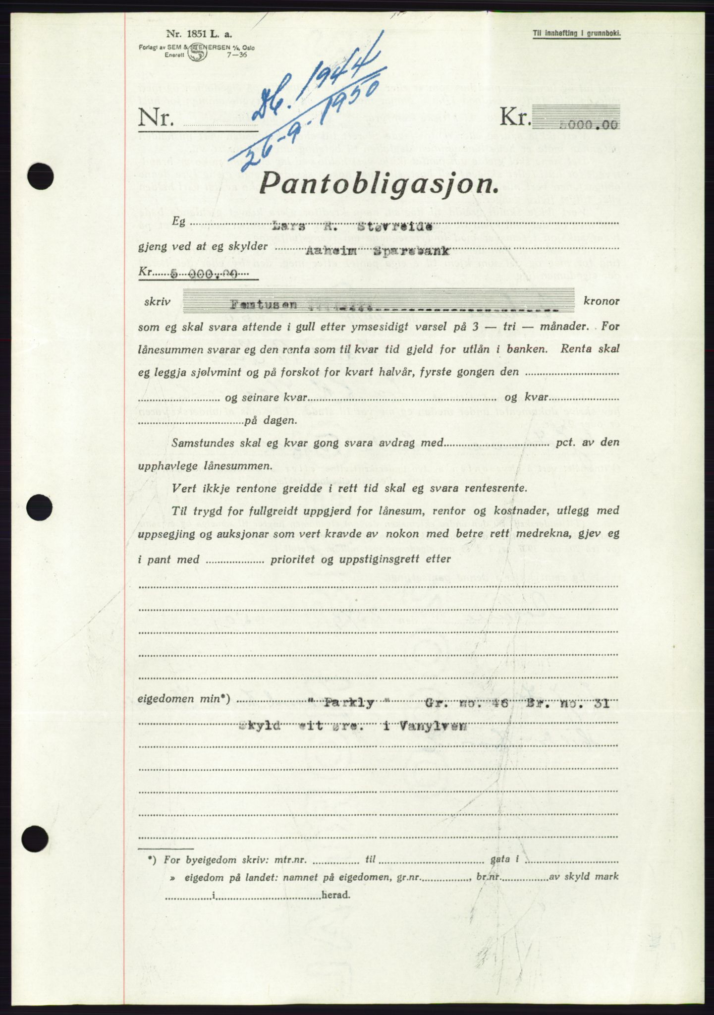 Søre Sunnmøre sorenskriveri, AV/SAT-A-4122/1/2/2C/L0119: Pantebok nr. 7B, 1950-1951, Dagboknr: 1943/1950