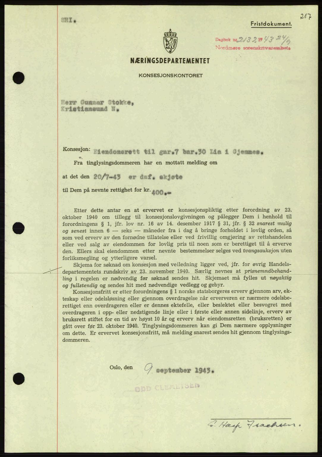 Nordmøre sorenskriveri, AV/SAT-A-4132/1/2/2Ca: Pantebok nr. B91, 1943-1944, Dagboknr: 2132/1943