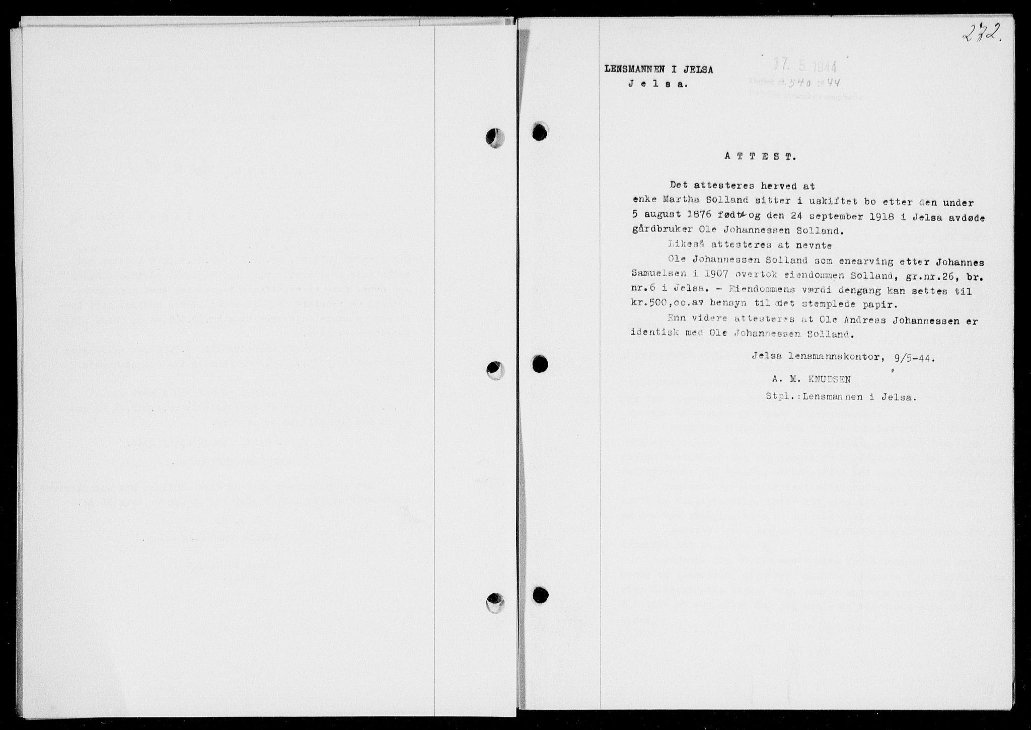 Ryfylke tingrett, SAST/A-100055/001/II/IIB/L0091: Pantebok nr. 70, 1943-1944, Dagboknr: 540/1944