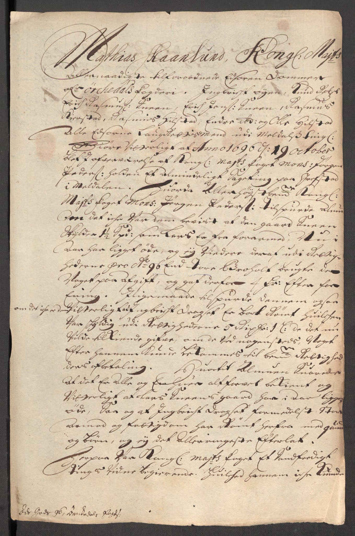 Rentekammeret inntil 1814, Reviderte regnskaper, Fogderegnskap, AV/RA-EA-4092/R60/L3946: Fogderegnskap Orkdal og Gauldal, 1696, s. 229