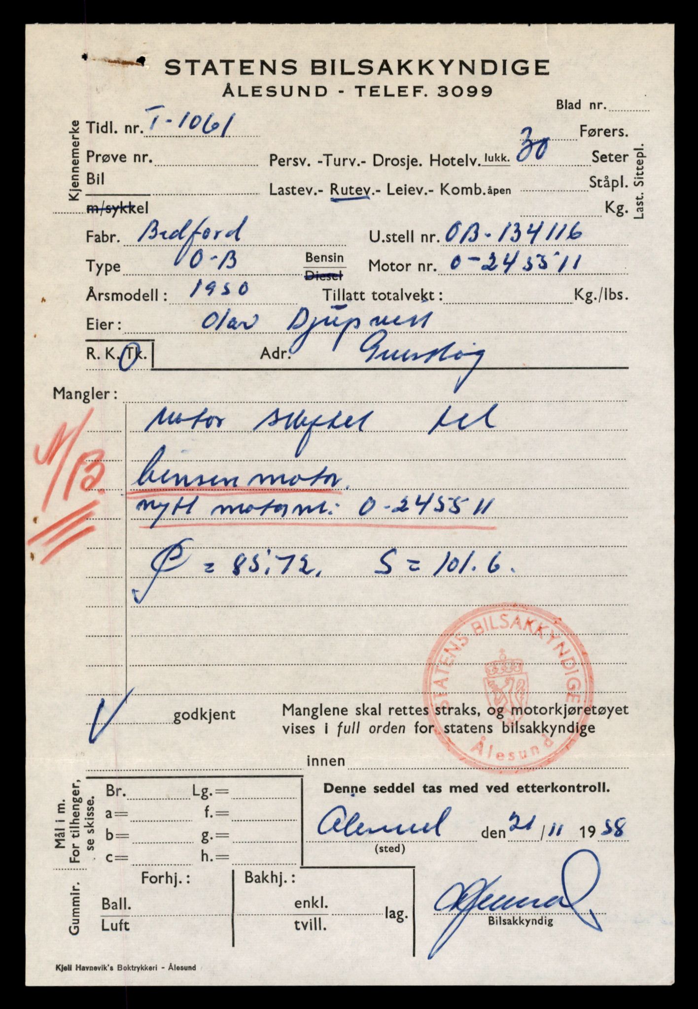 Møre og Romsdal vegkontor - Ålesund trafikkstasjon, SAT/A-4099/F/Fe/L0010: Registreringskort for kjøretøy T 1050 - T 1169, 1927-1998, s. 304