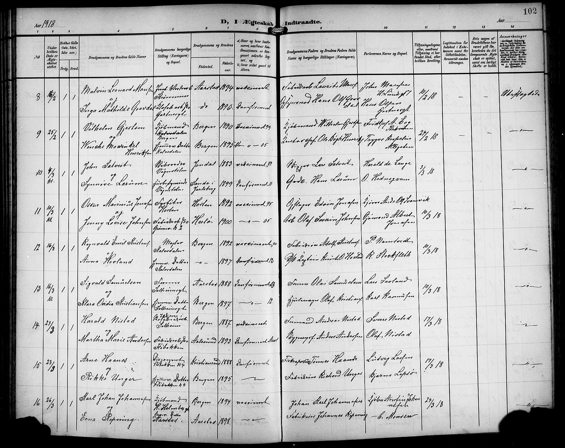 Årstad Sokneprestembete, AV/SAB-A-79301/H/Hab/L0018: Klokkerbok nr. C 1, 1902-1919, s. 102