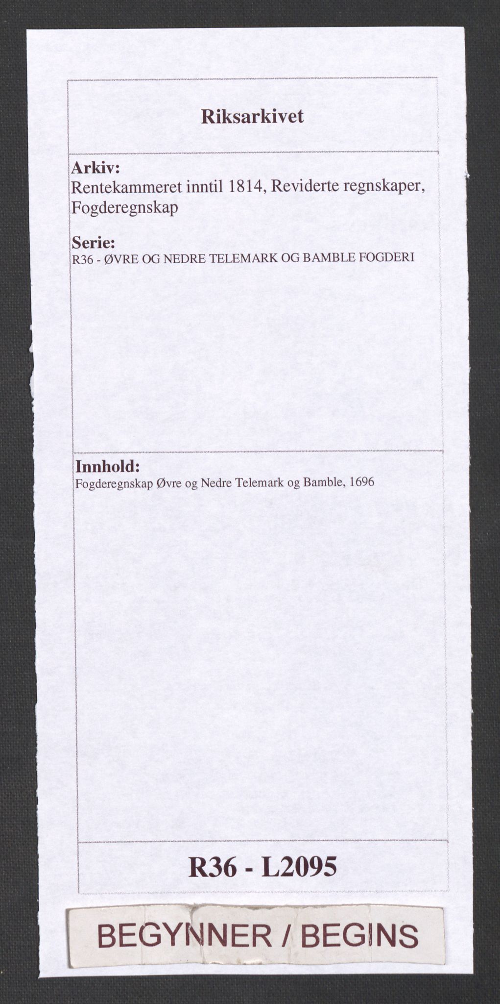 Rentekammeret inntil 1814, Reviderte regnskaper, Fogderegnskap, RA/EA-4092/R36/L2095: Fogderegnskap Øvre og Nedre Telemark og Bamble, 1696, s. 1