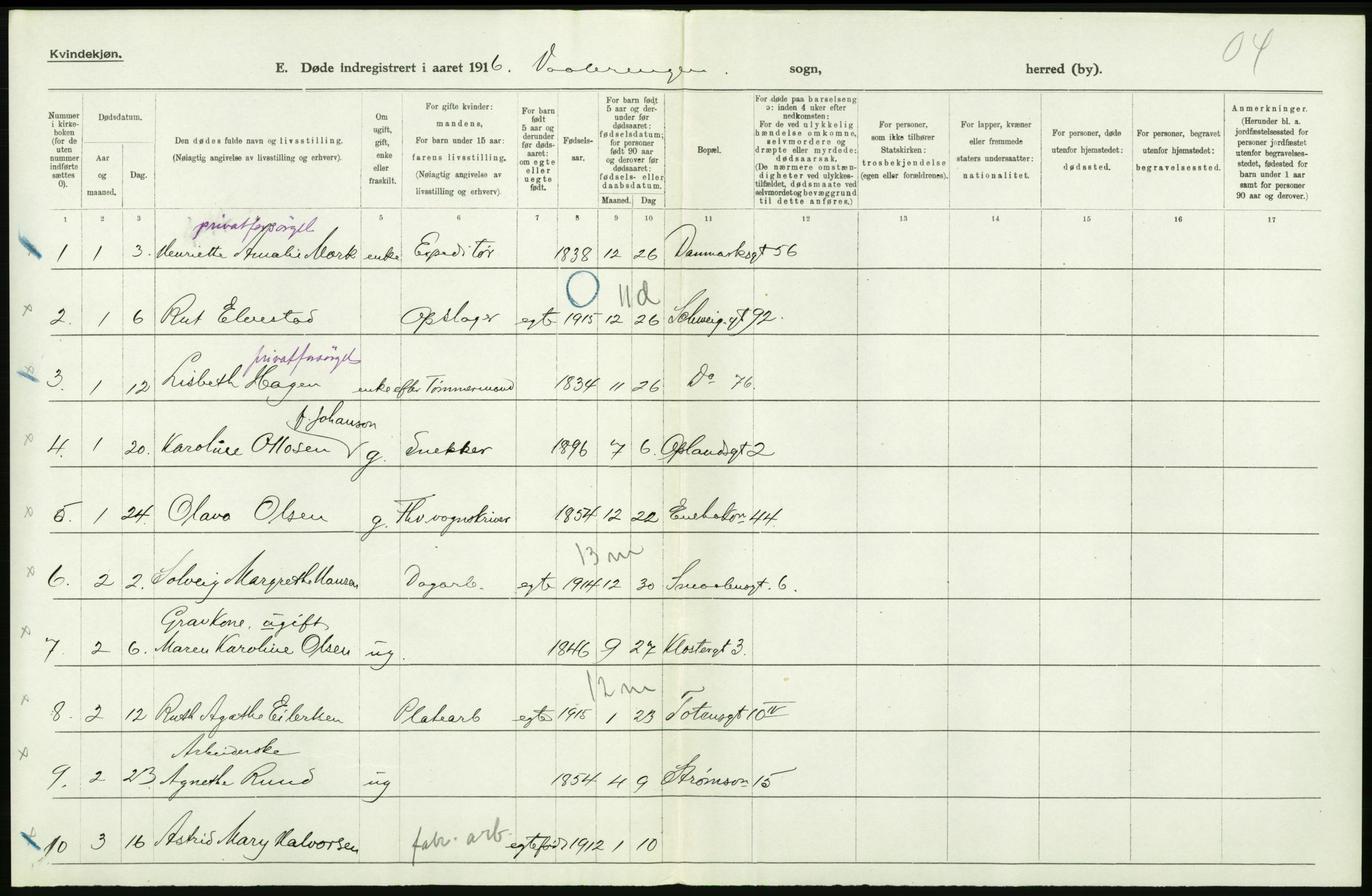 Statistisk sentralbyrå, Sosiodemografiske emner, Befolkning, RA/S-2228/D/Df/Dfb/Dfbf/L0009: Kristiania: Døde., 1916, s. 342