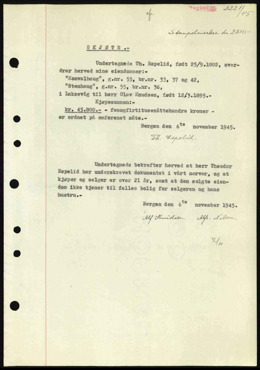 Midhordland sorenskriveri, SAB/A-3001/1/G/Gb/Gbk/L0008: Pantebok nr. A36-41, 1944-1945, Dagboknr: 3221/1945