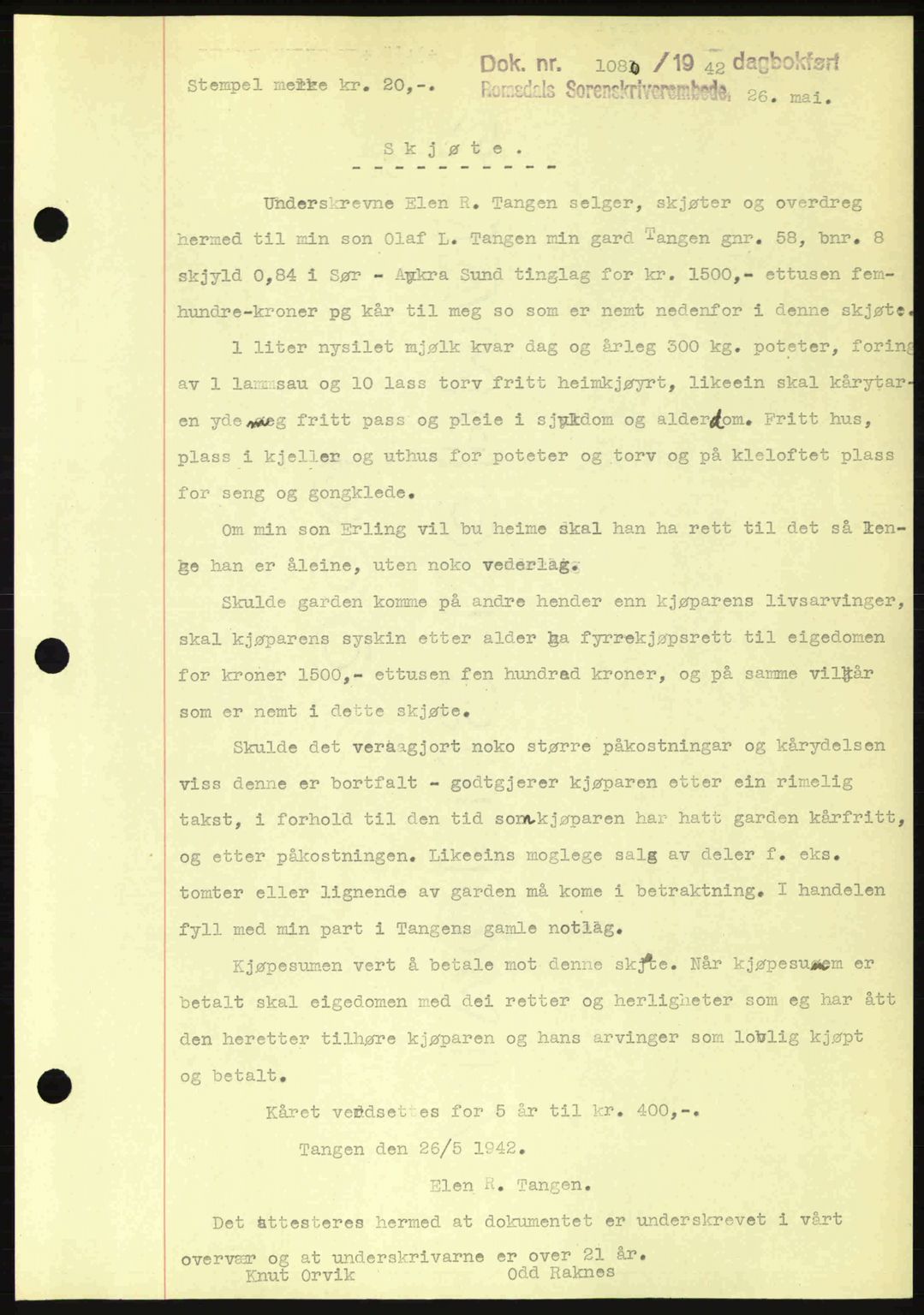 Romsdal sorenskriveri, SAT/A-4149/1/2/2C: Pantebok nr. A12, 1942-1942, Dagboknr: 1080/1942