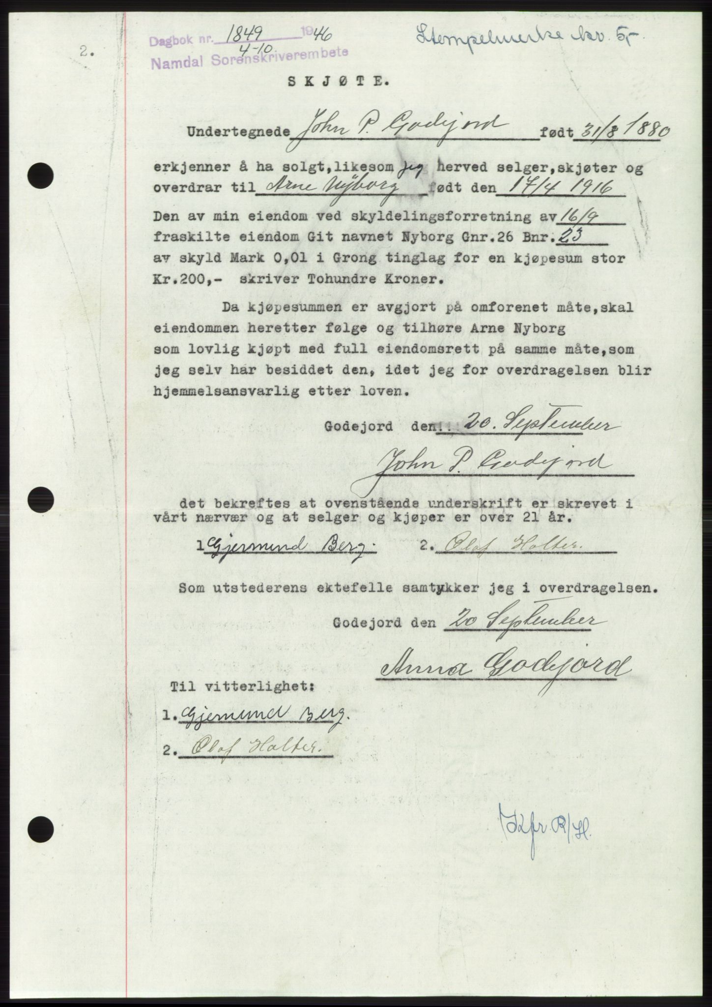 Namdal sorenskriveri, SAT/A-4133/1/2/2C: Pantebok nr. -, 1946-1947, Dagboknr: 1849/1946