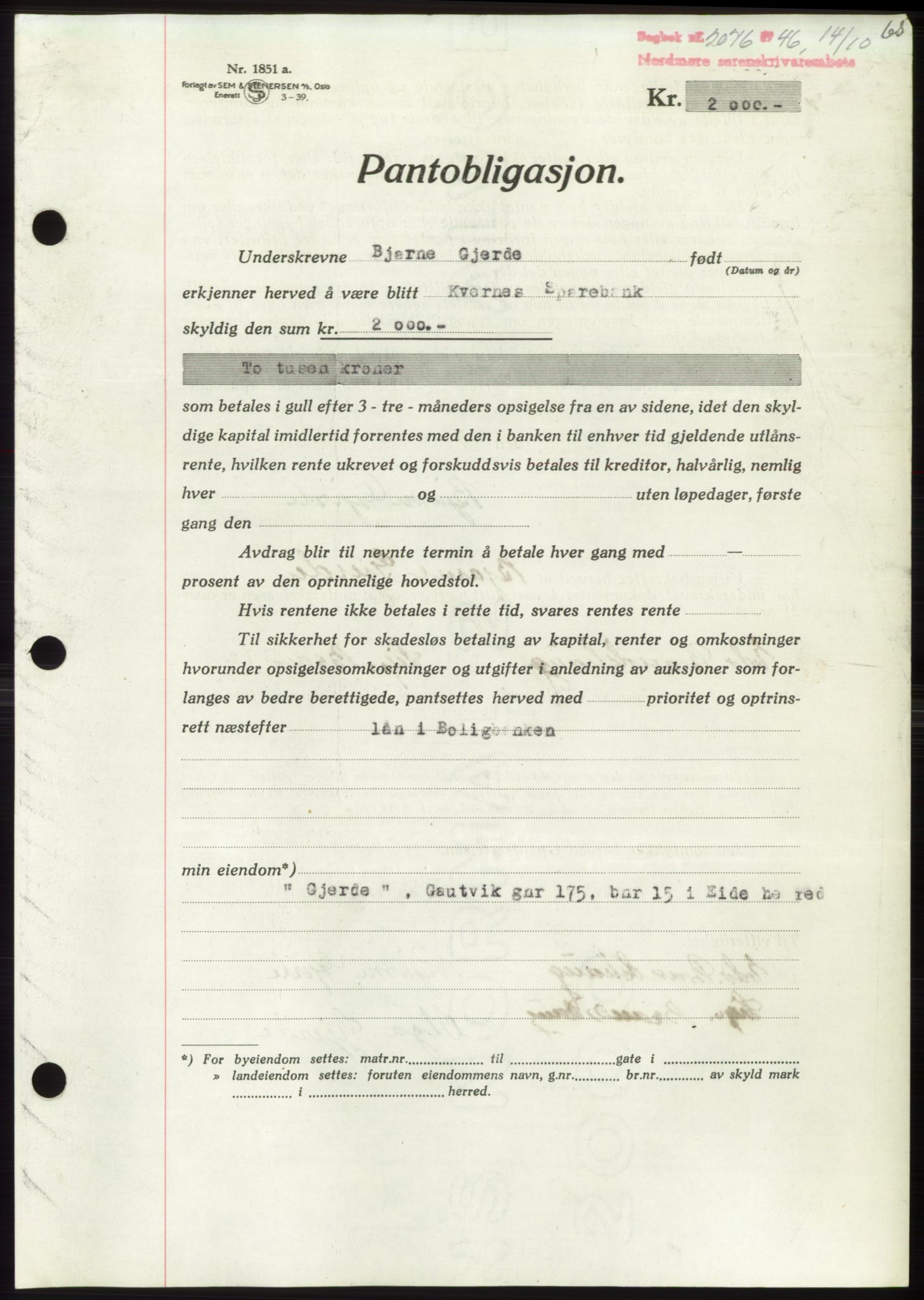 Nordmøre sorenskriveri, SAT/A-4132/1/2/2Ca: Pantebok nr. B95, 1946-1947, Dagboknr: 2076/1946