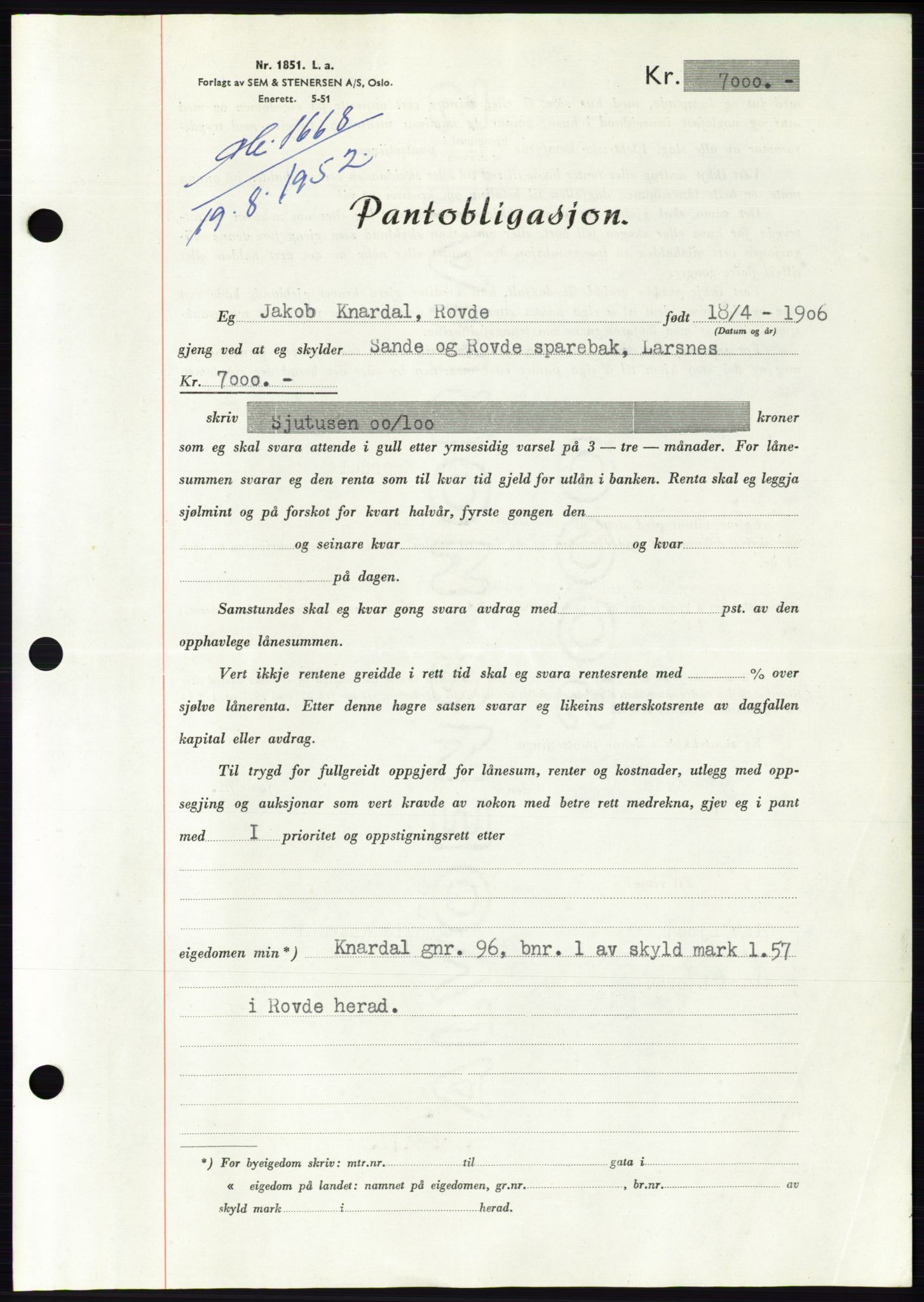Søre Sunnmøre sorenskriveri, AV/SAT-A-4122/1/2/2C/L0122: Pantebok nr. 10B, 1952-1953, Dagboknr: 1668/1952