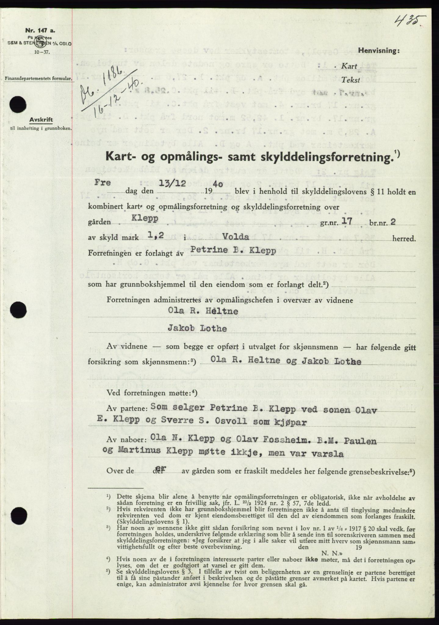 Søre Sunnmøre sorenskriveri, AV/SAT-A-4122/1/2/2C/L0070: Pantebok nr. 64, 1940-1941, Dagboknr: 1186/1940