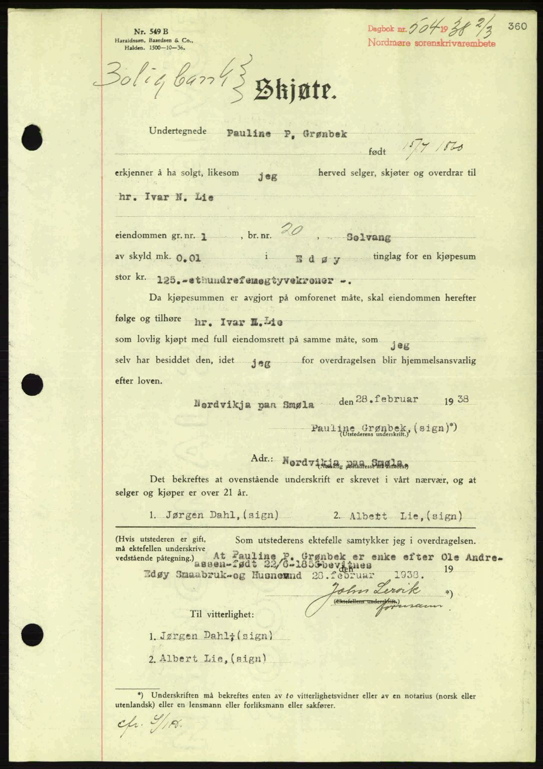 Nordmøre sorenskriveri, SAT/A-4132/1/2/2Ca: Pantebok nr. A83, 1938-1938, Dagboknr: 504/1938