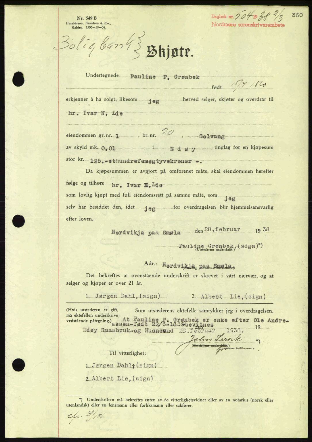 Nordmøre sorenskriveri, AV/SAT-A-4132/1/2/2Ca: Pantebok nr. A83, 1938-1938, Dagboknr: 504/1938