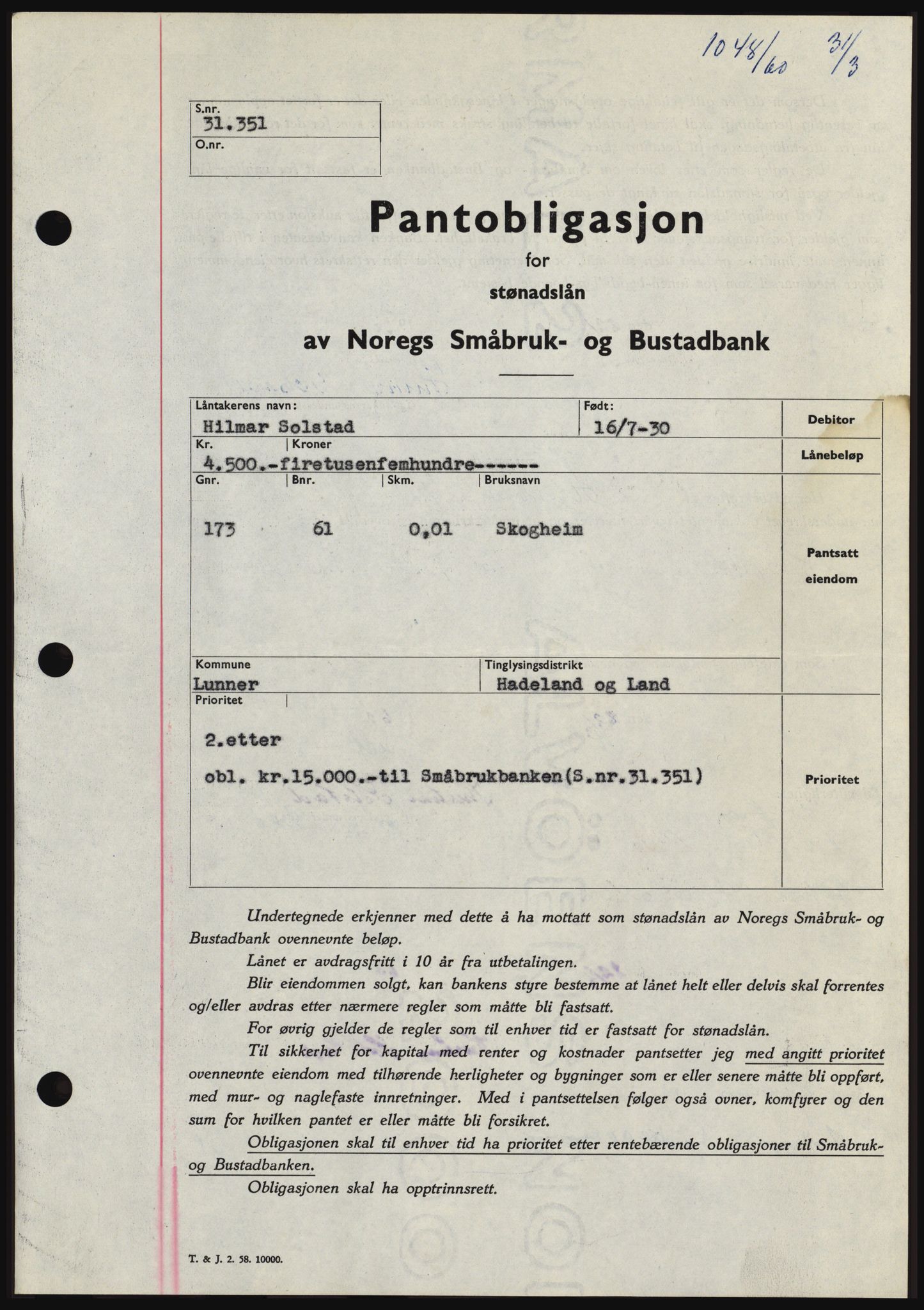 Hadeland og Land tingrett, SAH/TING-010/H/Hb/Hbc/L0042: Pantebok nr. B42, 1959-1960, Dagboknr: 1048/1960
