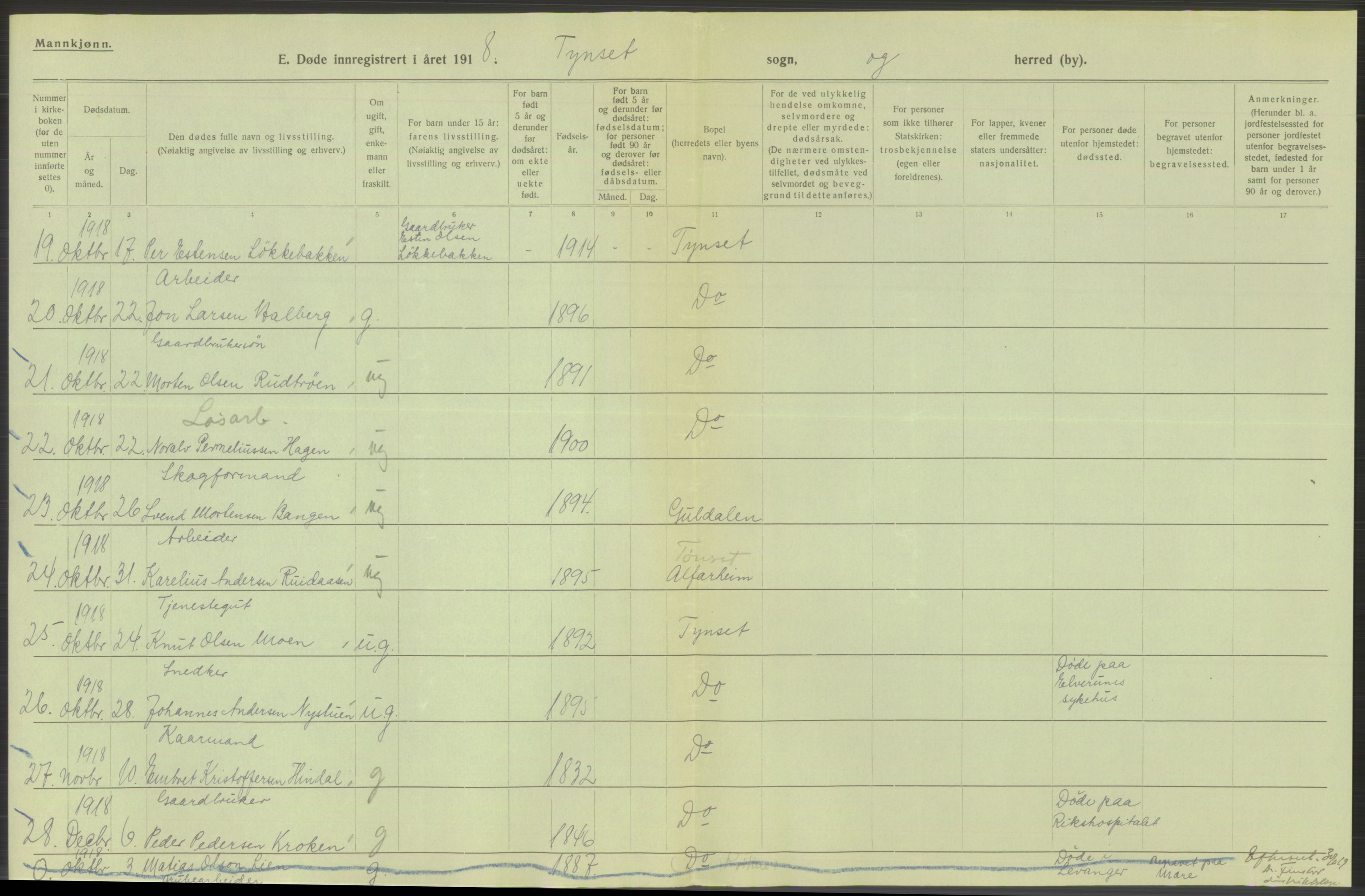 Statistisk sentralbyrå, Sosiodemografiske emner, Befolkning, RA/S-2228/D/Df/Dfb/Dfbh/L0014: Hedemarkens fylke: Døde. Bygder og byer., 1918, s. 602