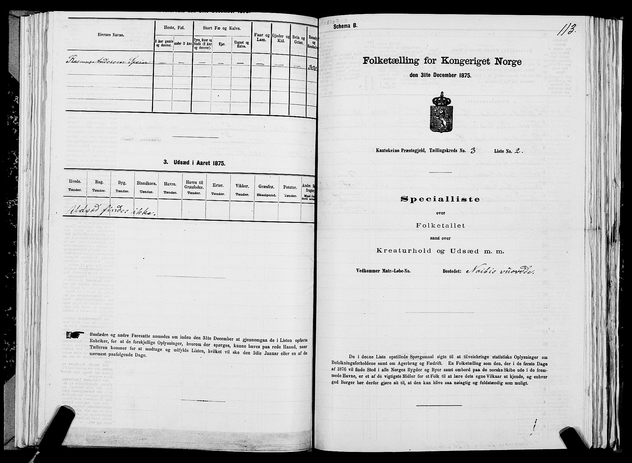 SATØ, Folketelling 1875 for 2011P Kautokeino prestegjeld, 1875, s. 1113