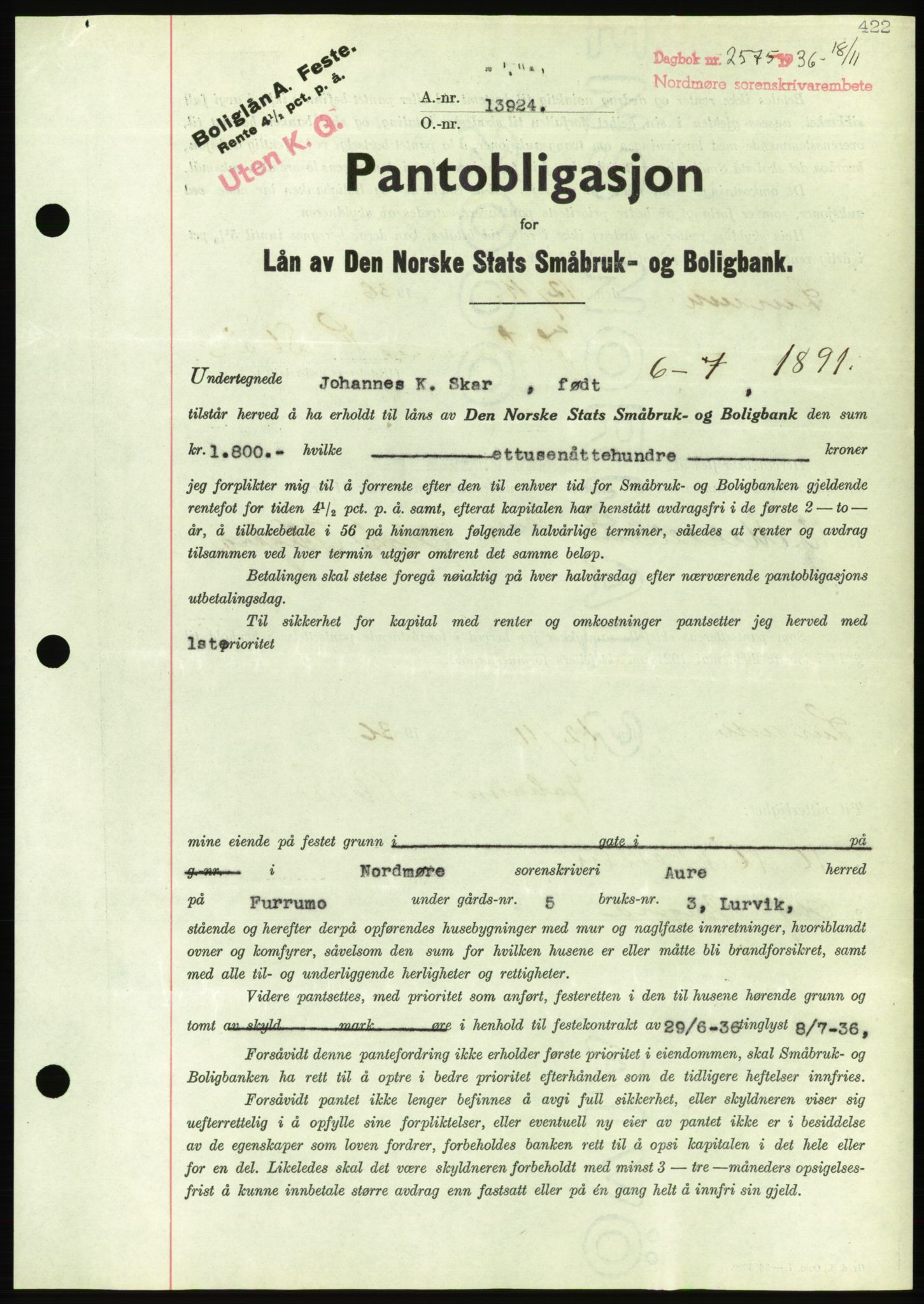 Nordmøre sorenskriveri, AV/SAT-A-4132/1/2/2Ca/L0090: Pantebok nr. B80, 1936-1937, Dagboknr: 2575/1936