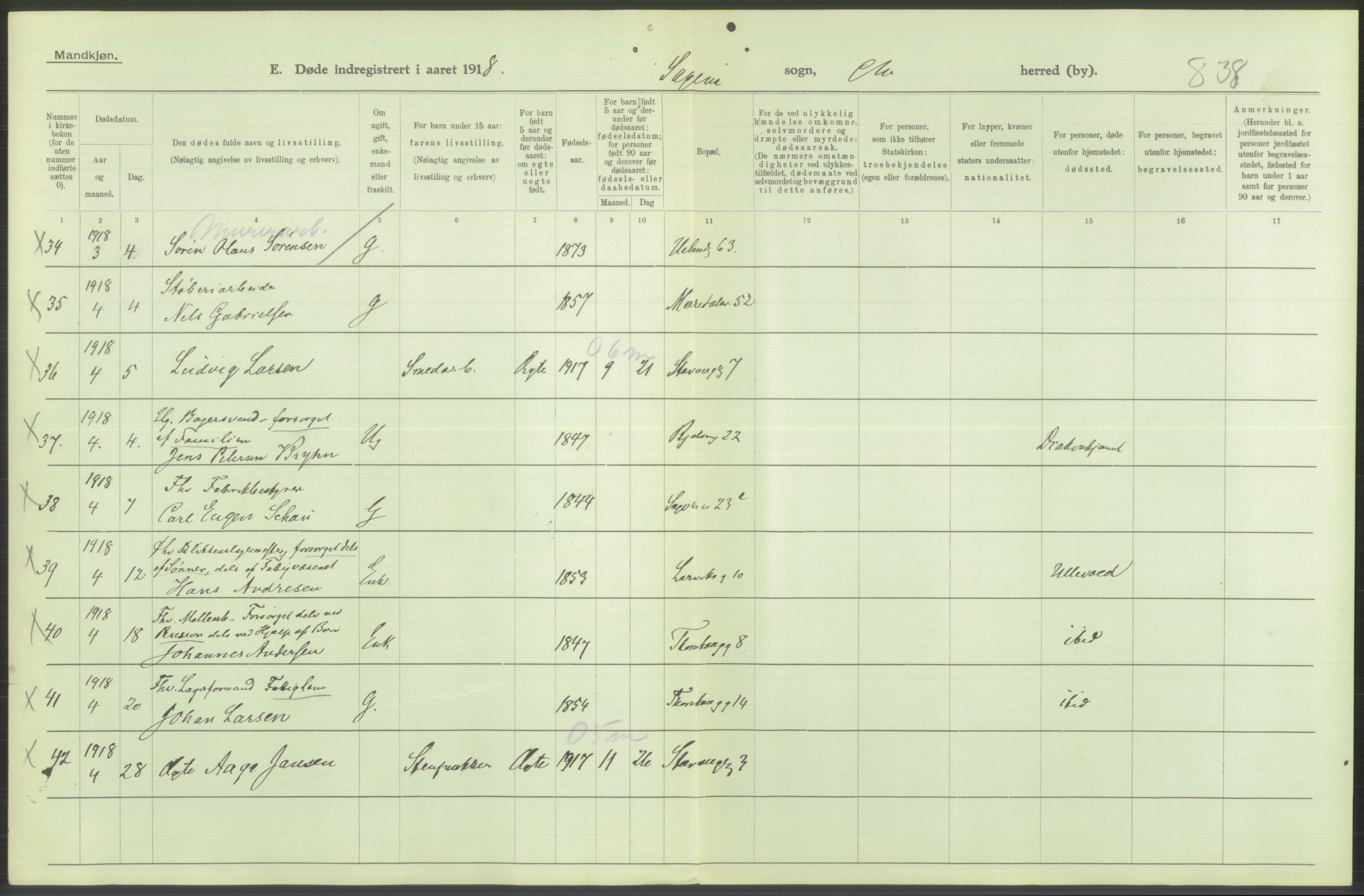Statistisk sentralbyrå, Sosiodemografiske emner, Befolkning, AV/RA-S-2228/D/Df/Dfb/Dfbh/L0010: Kristiania: Døde, 1918, s. 486