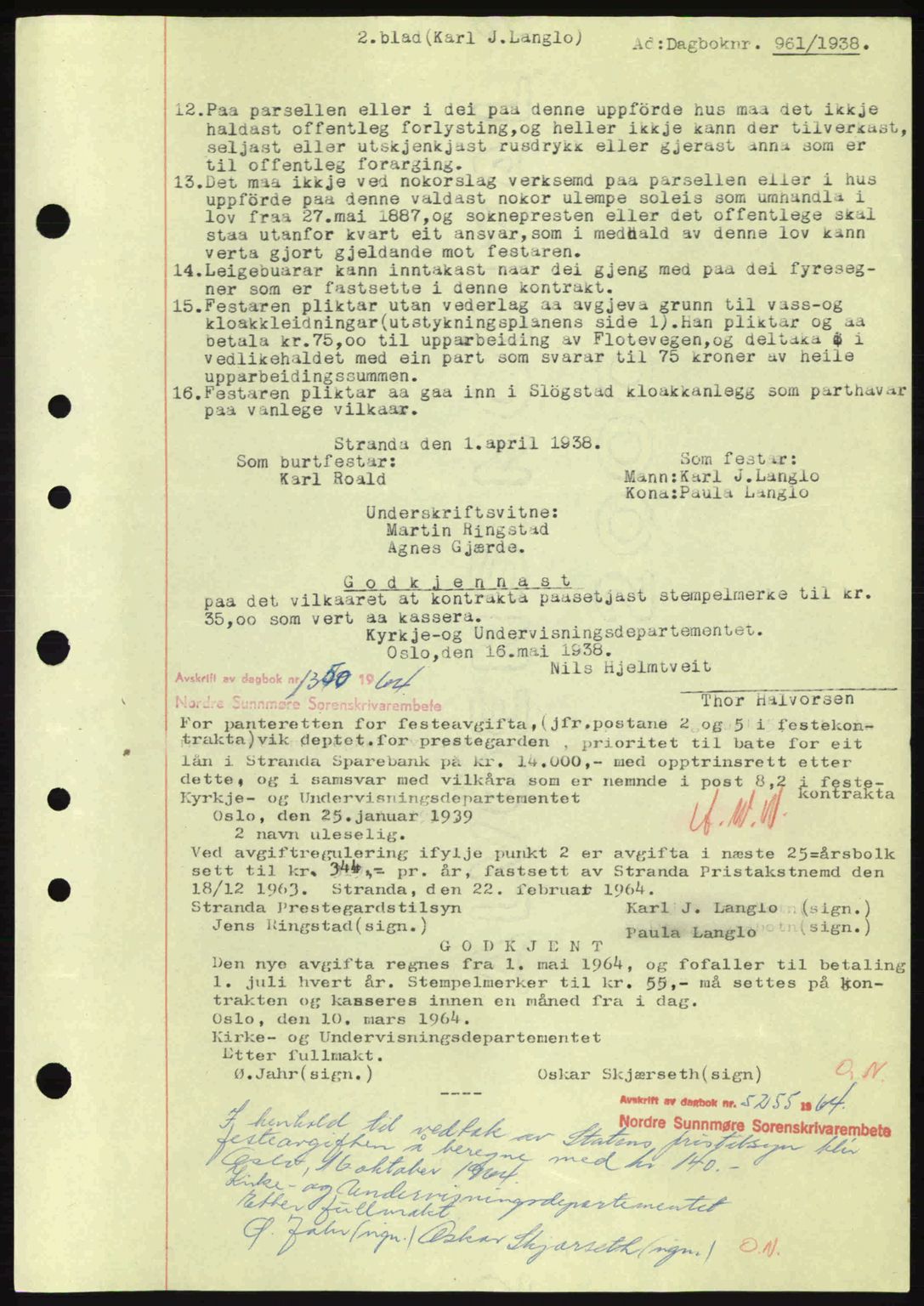 Nordre Sunnmøre sorenskriveri, AV/SAT-A-0006/1/2/2C/2Ca: Pantebok nr. A4, 1937-1938, Dagboknr: 961/1938