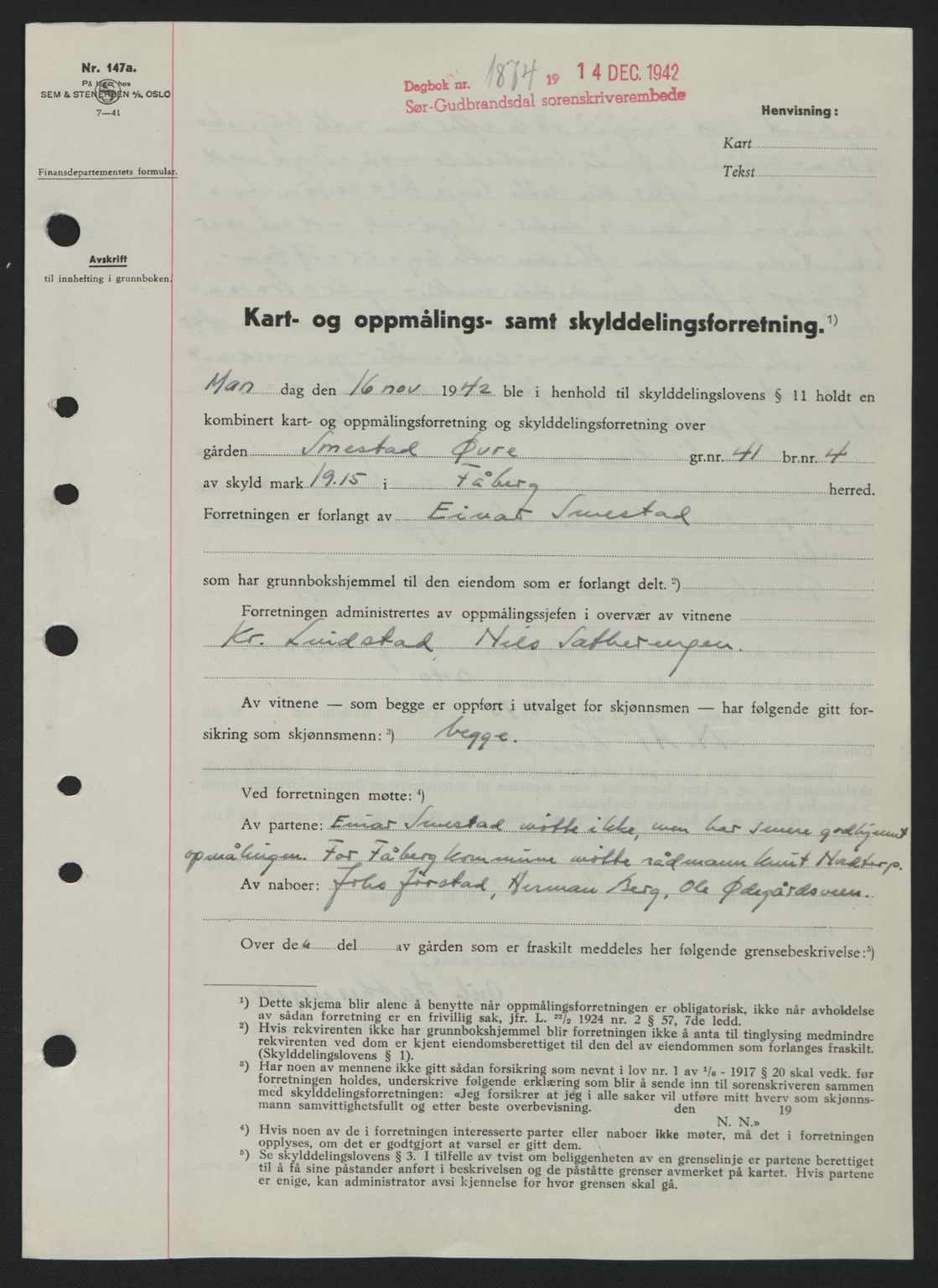 Sør-Gudbrandsdal tingrett, SAH/TING-004/H/Hb/Hbd/L0011: Pantebok nr. A11, 1942-1943, Dagboknr: 1874/1942