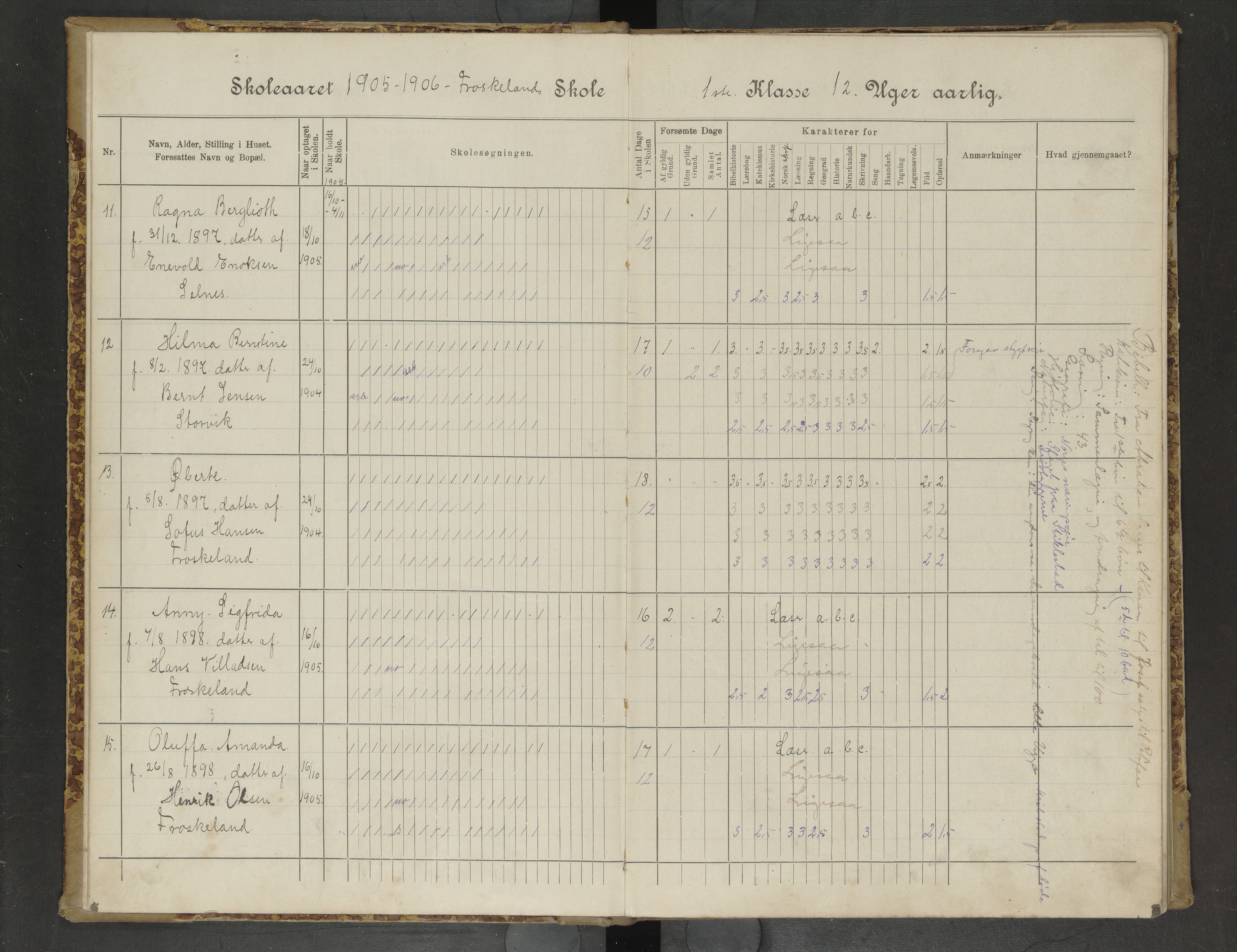 Hadsel kommune. Frøskeland skolekrets, AIN/K-18660.510.40/G/L0001: Skoleprotokoll for Frøskeland småskole, 1905-1920