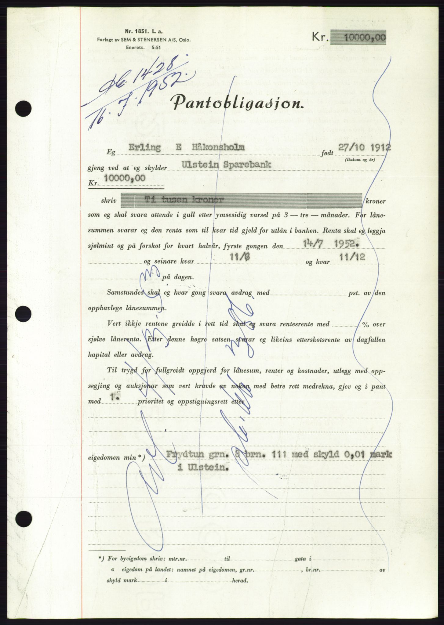 Søre Sunnmøre sorenskriveri, AV/SAT-A-4122/1/2/2C/L0121: Pantebok nr. 9B, 1951-1952, Dagboknr: 1428/1952